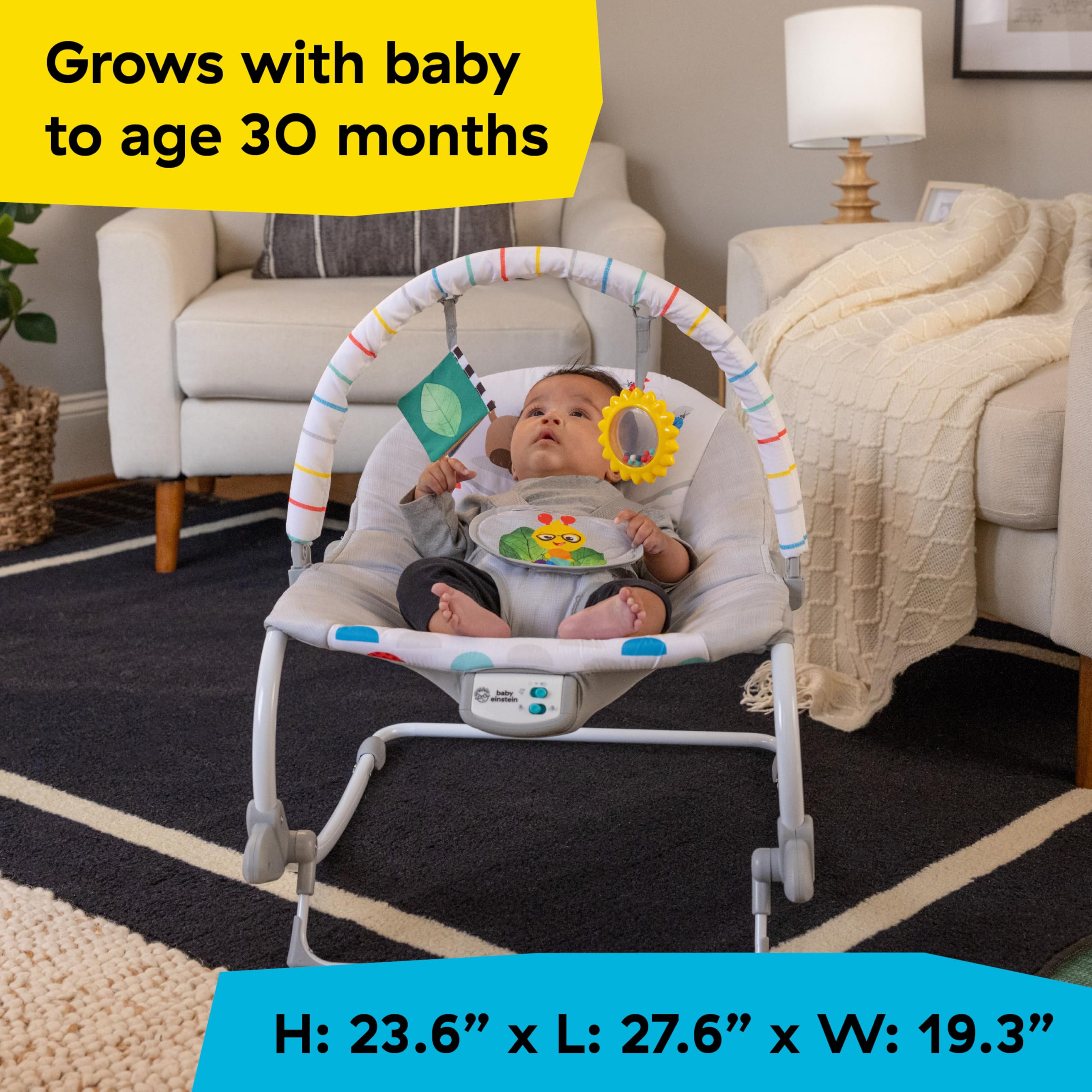 Baby Einstein, Dondolo Musicale Dean's Discovery Spot per Neonati e Bimbi, 2-in-1 Sedia e Dondolo, Vibrazioni e Musica 20+ Minuti, 2 Posizioni Reclino, Giochi Staccabili, Max 18 kg, 0+ Mesi