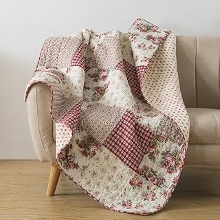 SLPR 50x60 Cotton Quilted Throw Blanket - Floral Farmhouse Patchwork Shabby Chic Lap Quilt for Couch, Country Roses