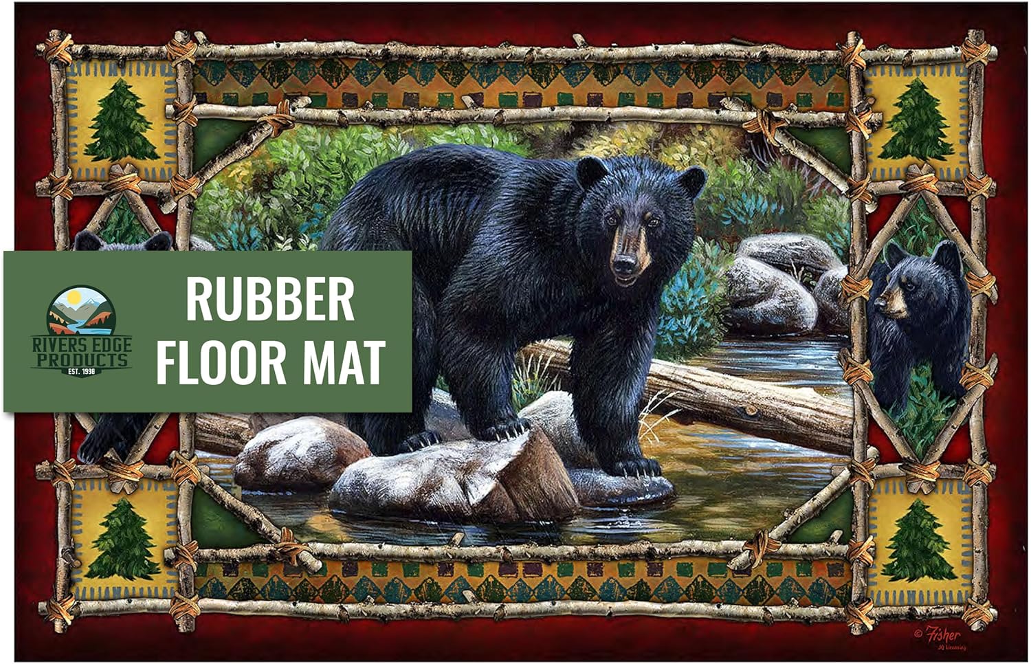 Rivers Edge Products Rubber Door Mat, 26" x 17" Anti-Slip Indoor or Outdoor Rug, All Weather Welcome Mat for Front Door, House Entryway, Patio, or Garage, Waterfall Mama Bear with Cubs