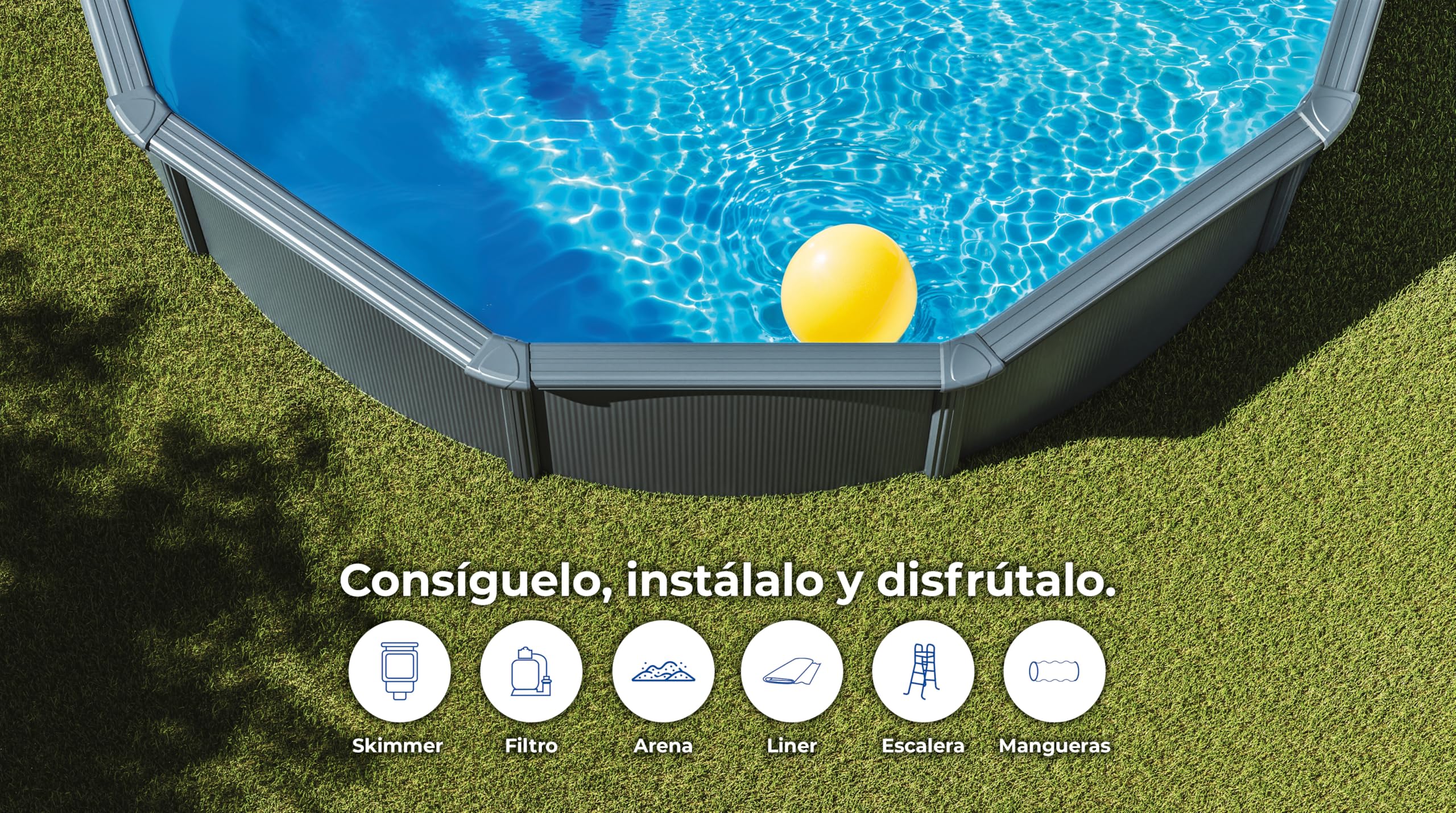 Gre KIT350GY Piscina de Acero Elevada, Redonda con Aspecto Acero Gris Grafito, Piscinas Desmontables para Jardín, 350 x 120 cm, Kea