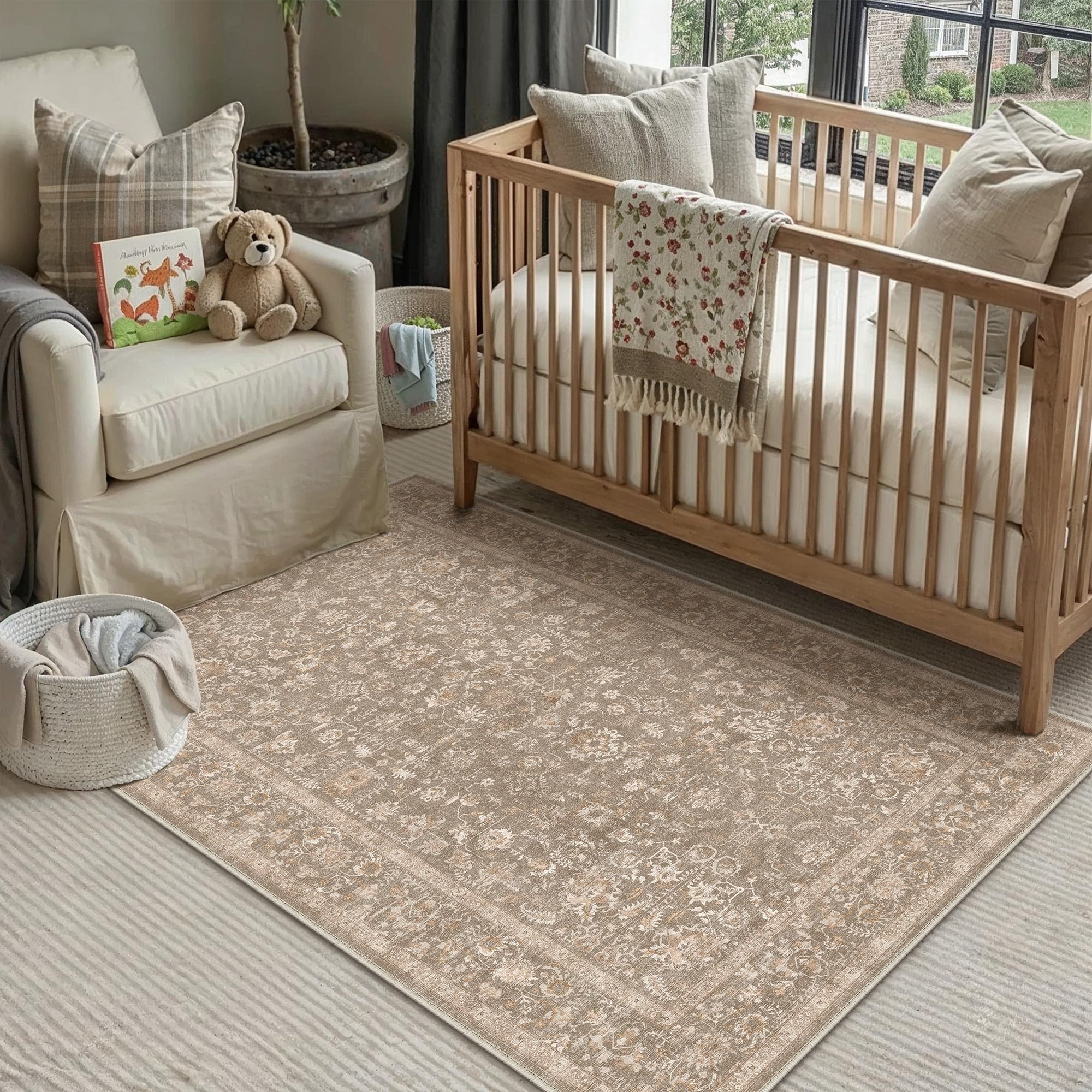 PureCozy Vintage Waschbarer Teppich Wohnzimmer 120x170cm kurzflor rutschfest Weich Bumen Boho Retro Teppiche für Küchen Schlafzimmer Esszimmer Bedroom Living Room Büro, Dunkelbraun