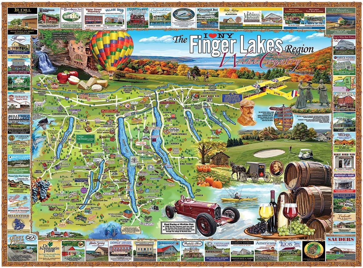 White Mountain 1000 Piece Jigsaw Puzzle New York Wine Map Puzzles with Large Pieces for Adults and Family 24"x30" - Finger Lakes
