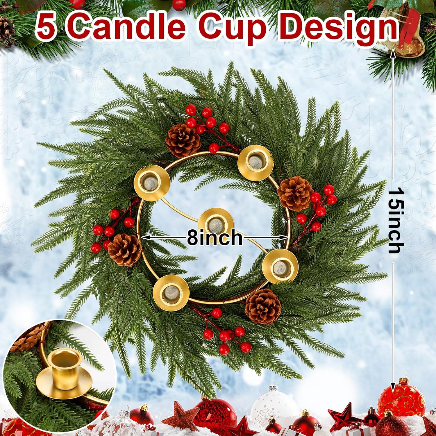 Sliner 15.7 in Christmas Advent Wreath 5 Candle Holder Norfolk Pine Needle Wreath with Gold Ring Candle Holder Pine Cones Red Berries Christmas Centerpiece Decoration for Home Church Winter Holidays