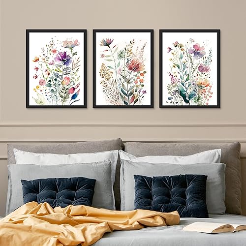 Miniatura 3 de SIGNWIN Póster enmarcado en acuarela pastel de flores silvestres vibrantes, naturaleza silvestre, ilustraciones modernas, arte decorativo,