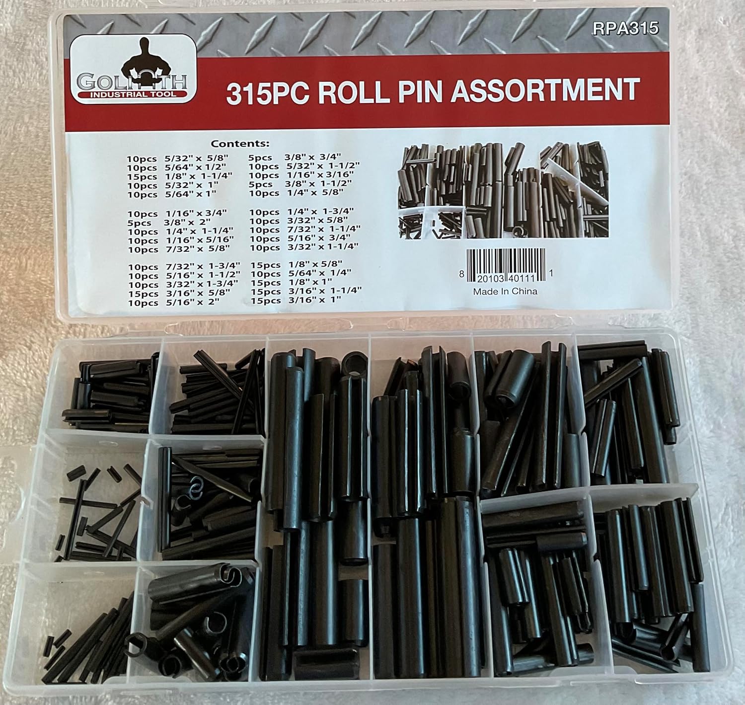 315pc Roll Pin Assortment, 30 Different Sizes RPA315
