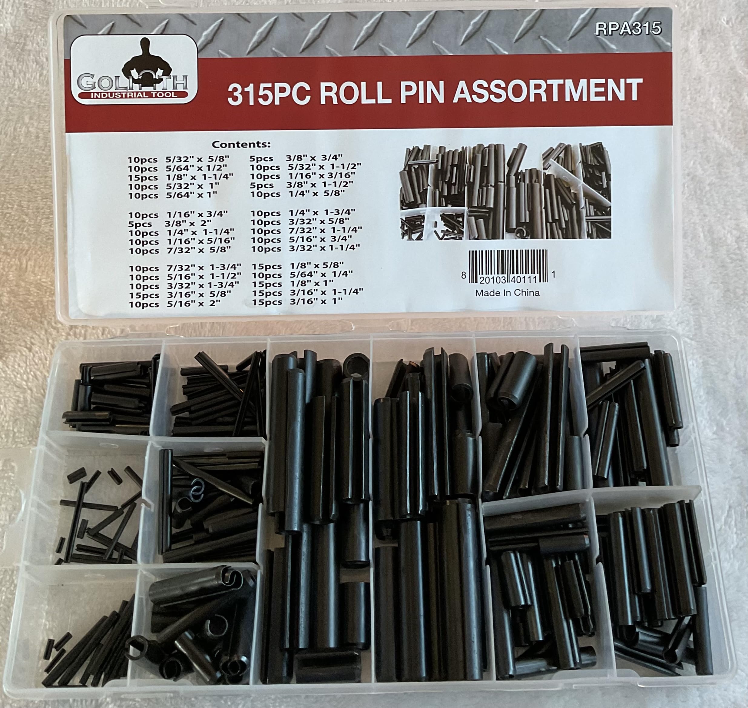 315pc Roll Pin Assortment, 30 Different Sizes RPA315