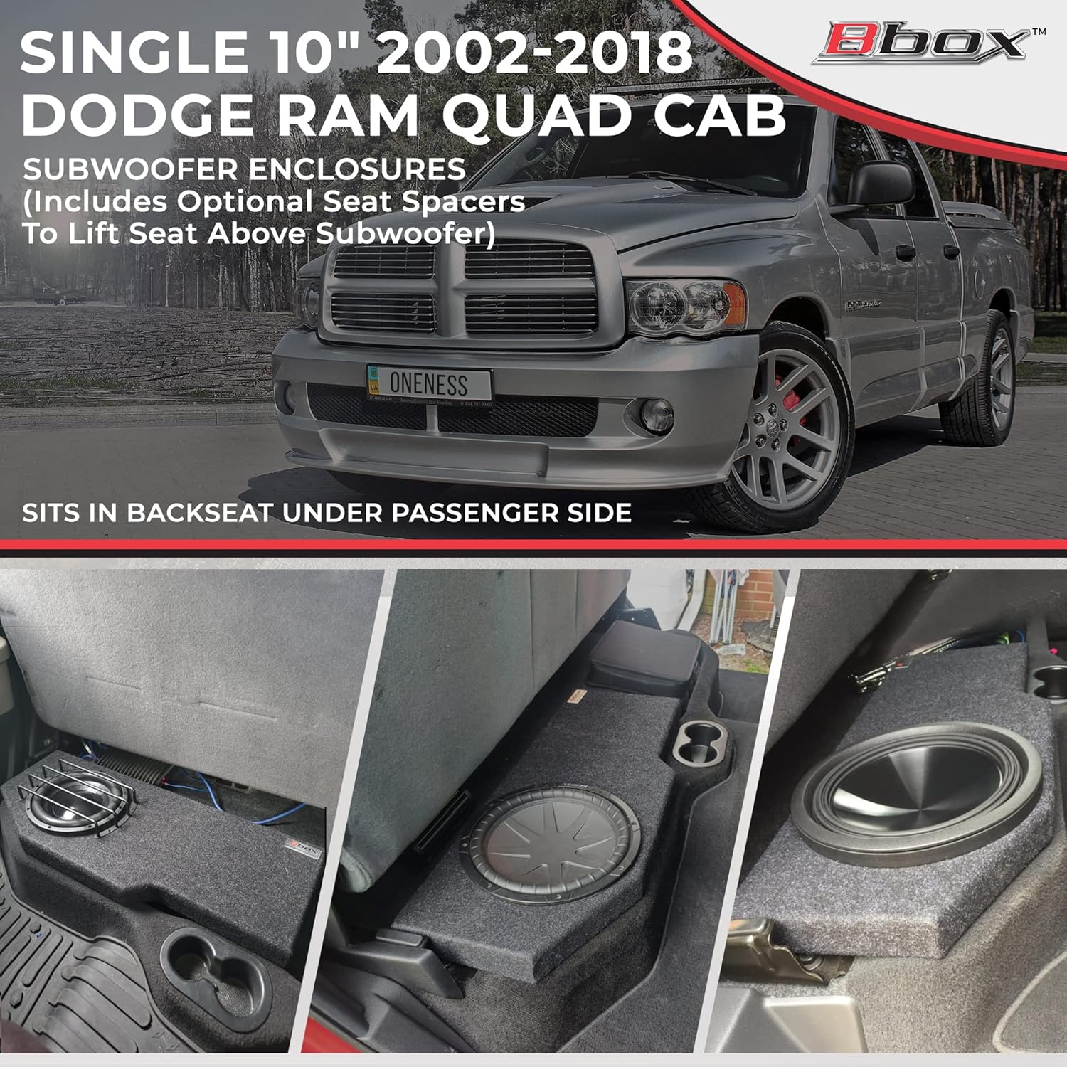 Bbox Single 10 Inch Subwoofer Sealed Enclosure - Fits 2002 - 2018 Dodge Ram Quad Cab - Carpeted Car Subwoofer Boxes & Enclosures - Subwoofer Box Improves Audio Quality, Sound and Bass - Charcoal : Electronics