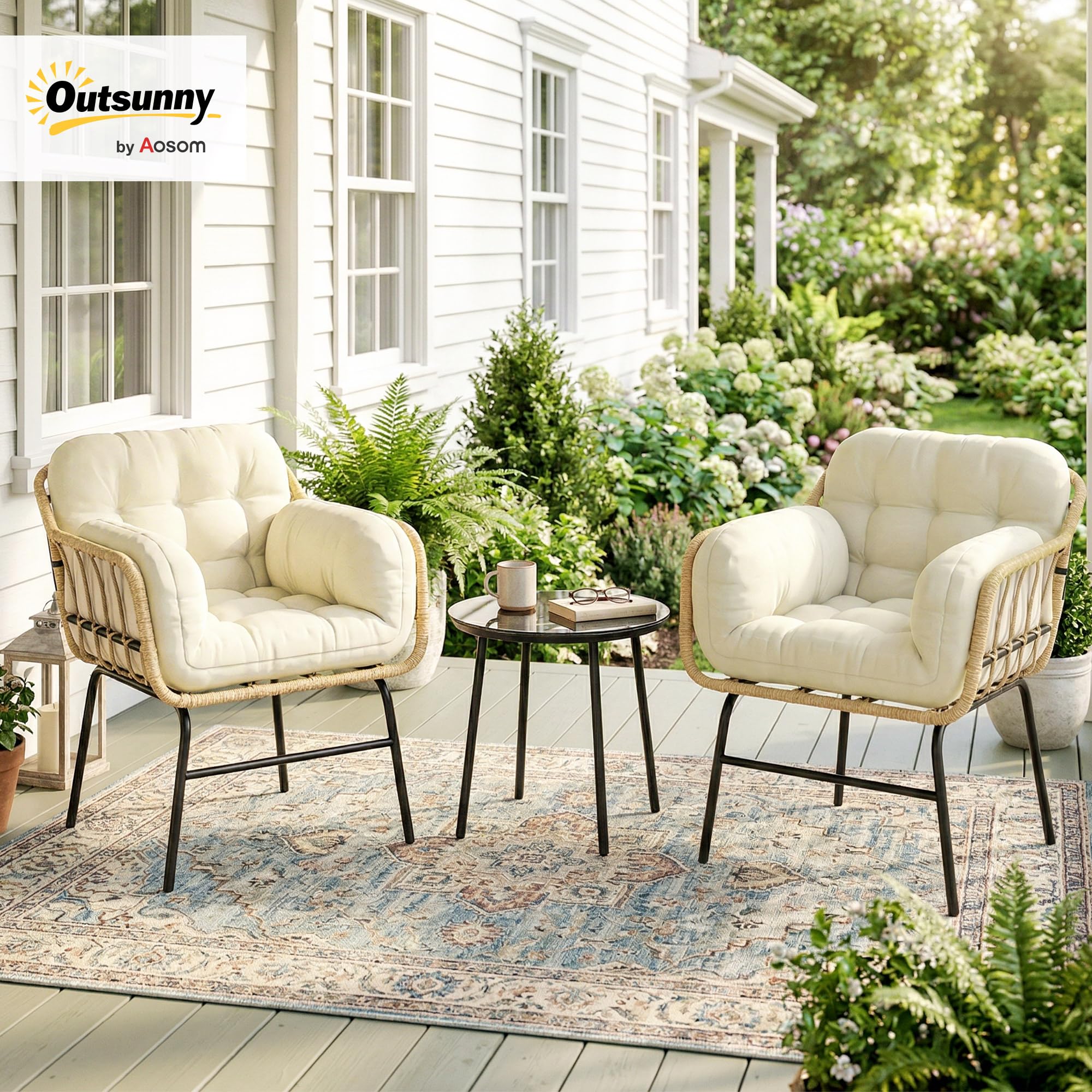 Outsunny Conjunto de Jardín Exterior de 3 Piezas, Muebles Jardín Exterior de Ratán PE, 2 Sillas con Cojines Suaves y Mesa de Vidrio Templado, Resistente a la Intemperie, para Balcón, Patio, Caqui