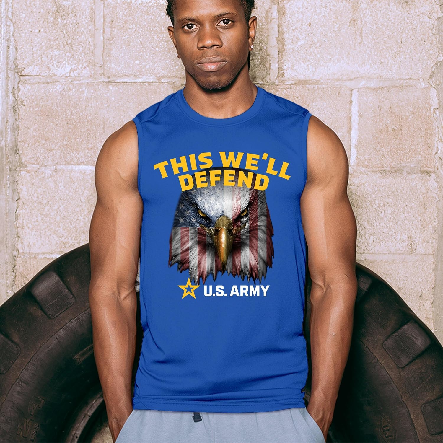 This We'll Defend Muscle Shirt US Army American Flag Eagle DD 214 Veteran Military Pride Patriotic Licensed Men's