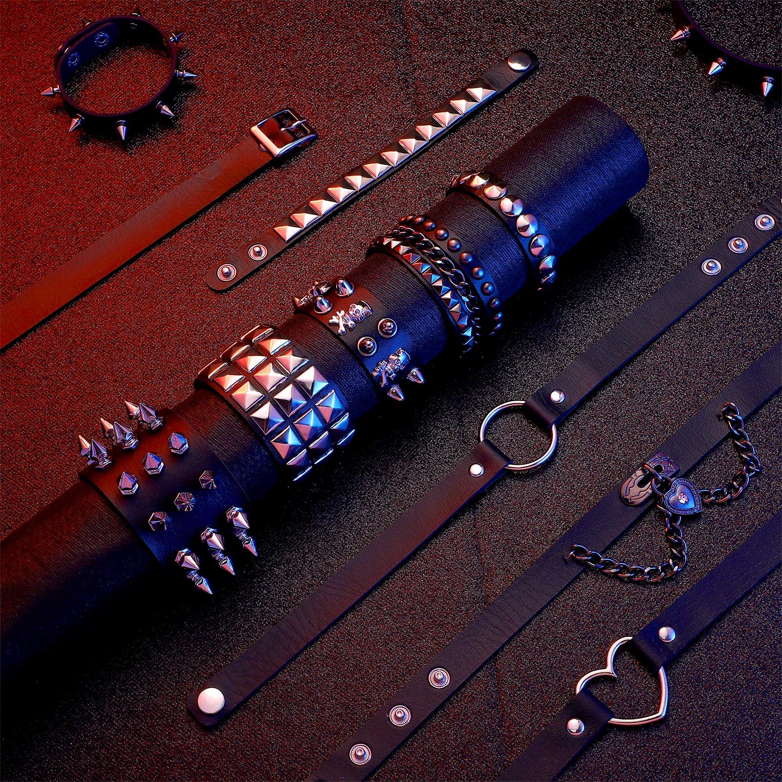 Cunno 13 Pcs Leather Spike Choker Studded Bracelet Cuffs Set Gothic Punk Rock Jewelry Set Costume Accessory: Simple Style