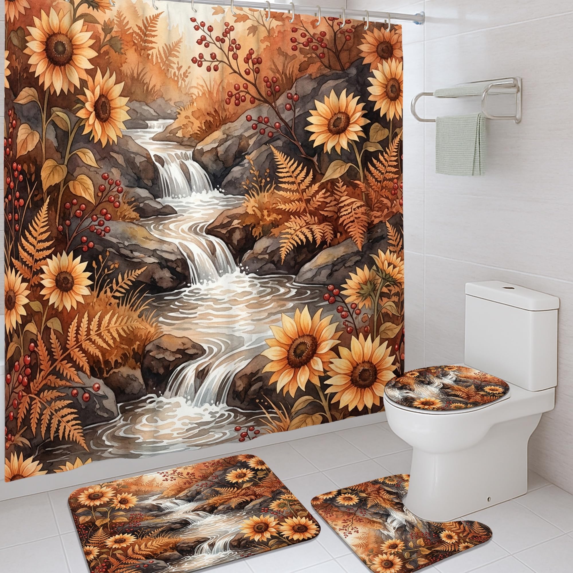 Rideau de douche fougère imperméable, décoration de salle de bain jaune automne 183x183