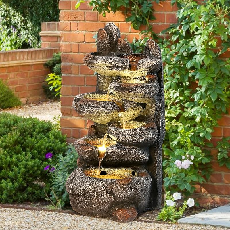 TITIMO 6-Tier Cascading Rock Water Fountain Outdoor Garden Waterfall | Garden Fountain with LED Lights, Fountain Indoor Decor for Garden, Patio, Backyard, Deck, Porch and Home Art Decor
