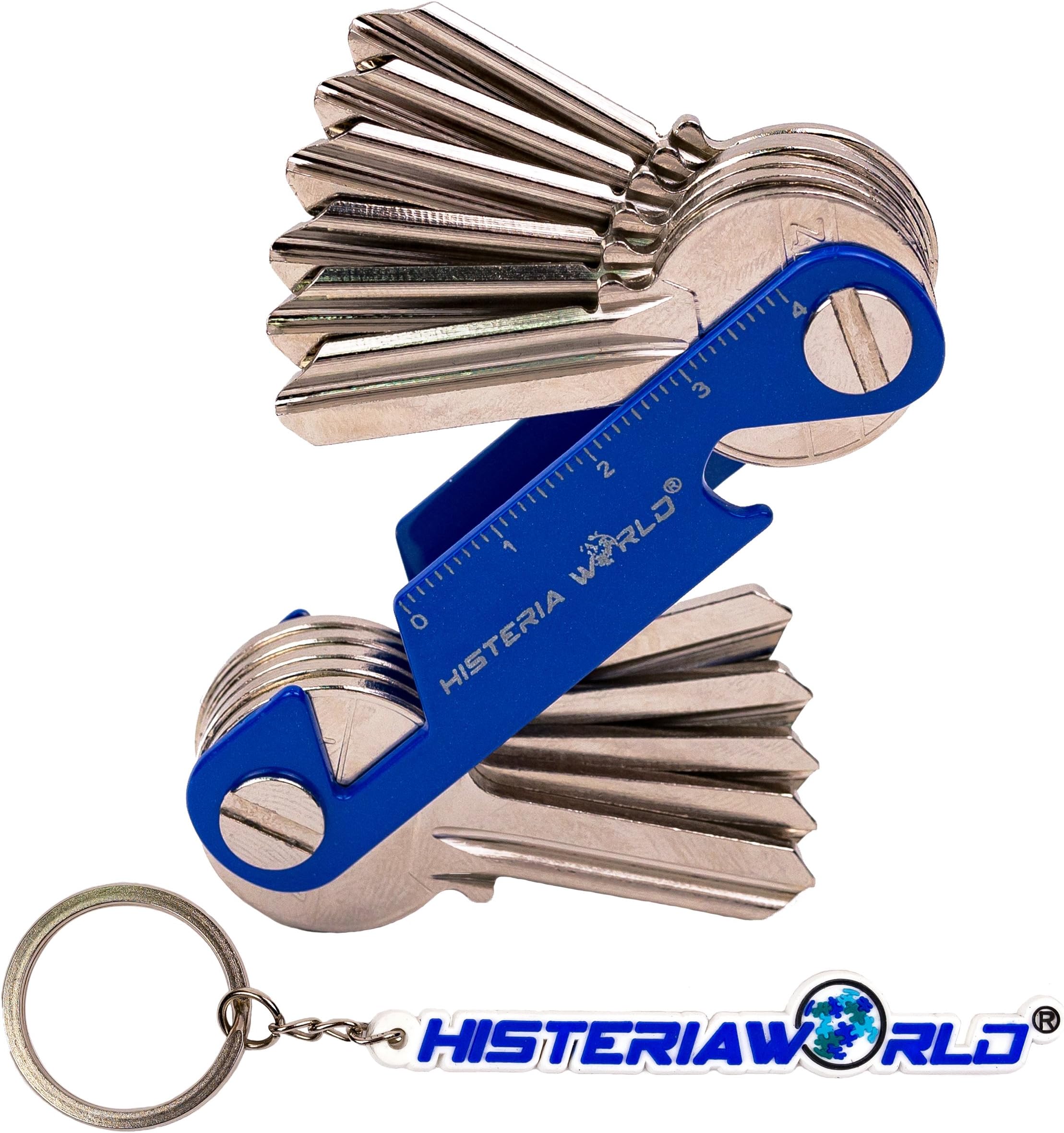 Histeria World Smart Compact Key Holder Keychain – Durable, Lightweight Up to 16 Keys - Jingle Free Organizer - Includes Phone Stand, Bottle Opener, Nano Wrench, Mini Ruler, S Hook (Blue Color)