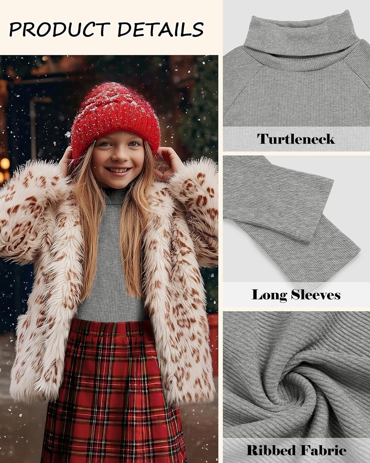 3 Pack Girls Turtleneck Long Sleeve Shirts Ribbed Knit Cotton Layer Tops Slim Fit Casual Undershirts 5-14 Years - Image 5