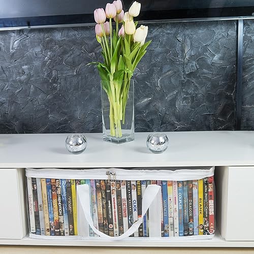 Miniatura 3 de Made Easy Kit Bolsa de almacenamiento de DVD, organizador de PVC transparente, asas de triple costura, divisores, apilable, ahorro de espacio, se