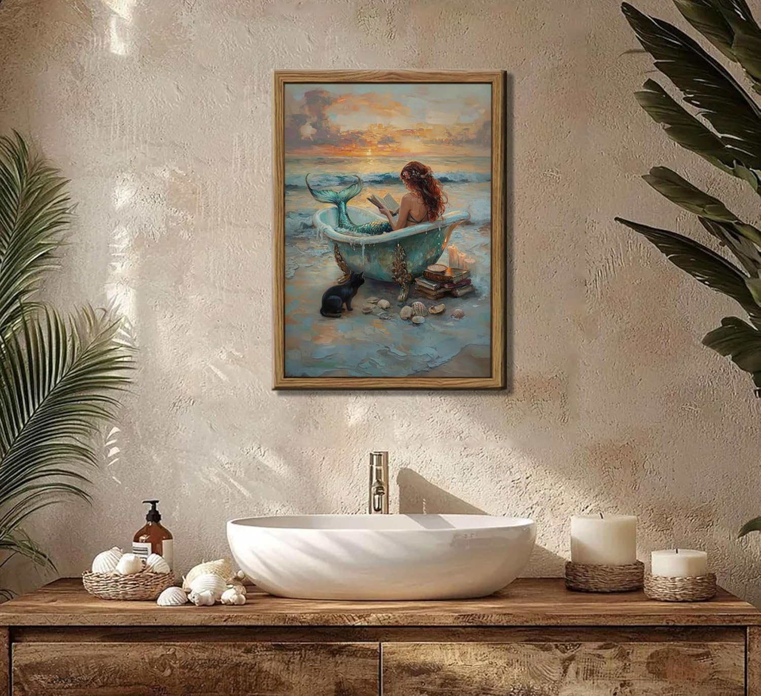 Vintage Beach Shells Bathroom Wall Art, Cute Black Cat Mermaid Bathtub Reading Poster Prints, 16x24 Unframed, for Bedroom Bathroom Decor