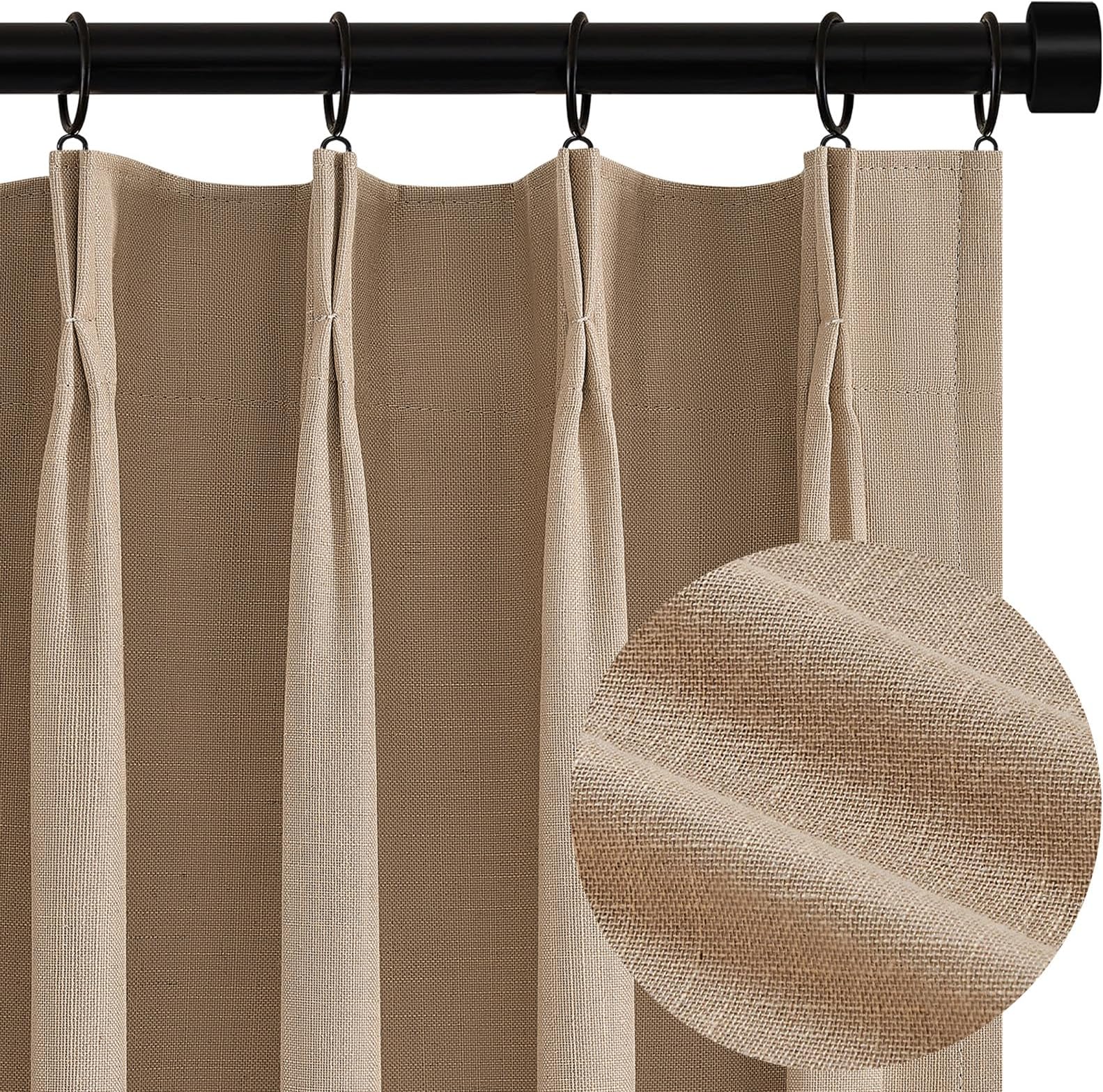 - 102 Inches Long Custom Blackout Linen Curtains, Pinch Pleated Noise Cancelling Curtains with Pin Hooks for Traverse Rods, Earth Tone Viral Drapes 2 Panels for Living Room Master Bedroom