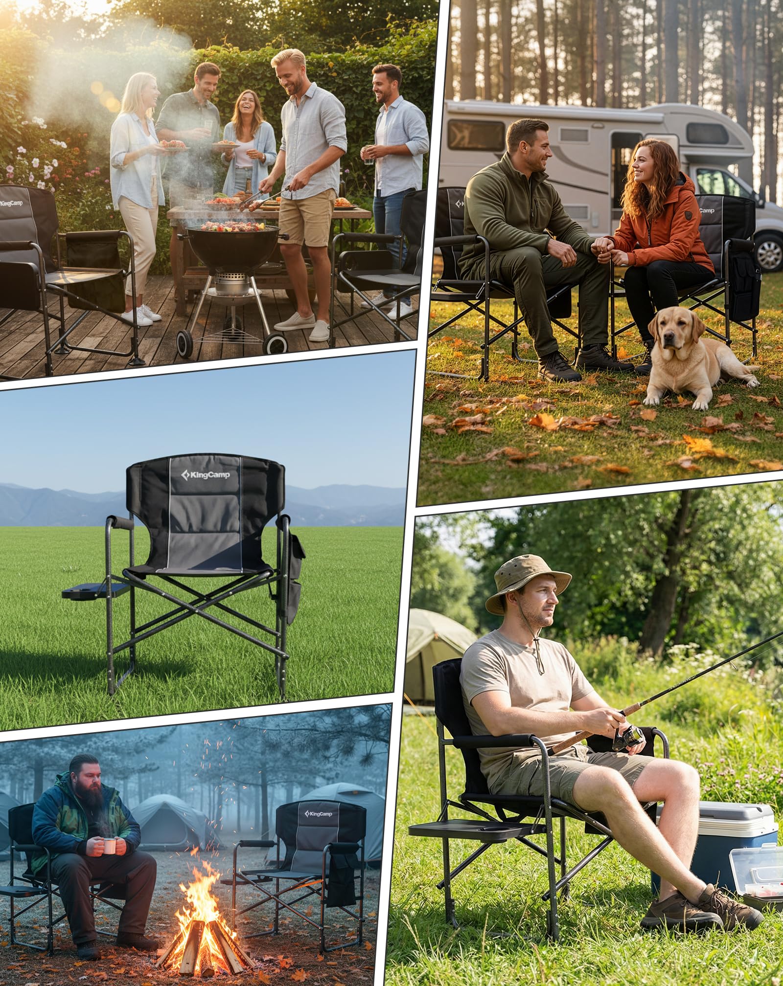 KingCamp Sedia da Regista Camping Pieghevole, Fino al 200 kg | Sedia da Campeggio Imbottita, Tavolino Laterale e Tasca Portaoggetti, Sedie da Pesca Portatile per Campeggio Giardino BBQ