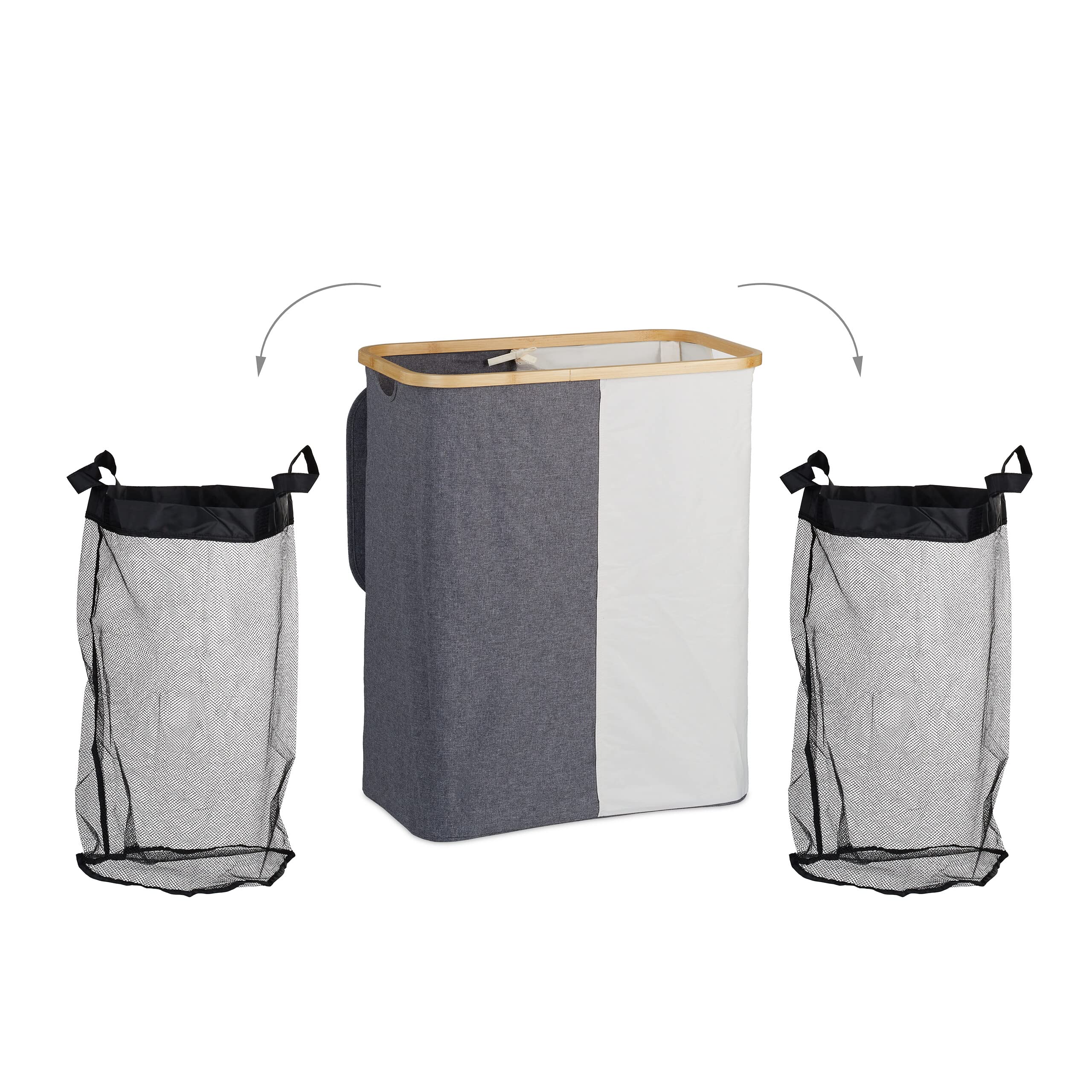 Relaxdays Cesto Portabiancheria con Coperchio, 110 L, con 2 Scomparti, in bambù e Poliestere Sacco a Rete, Grigio Bianco
