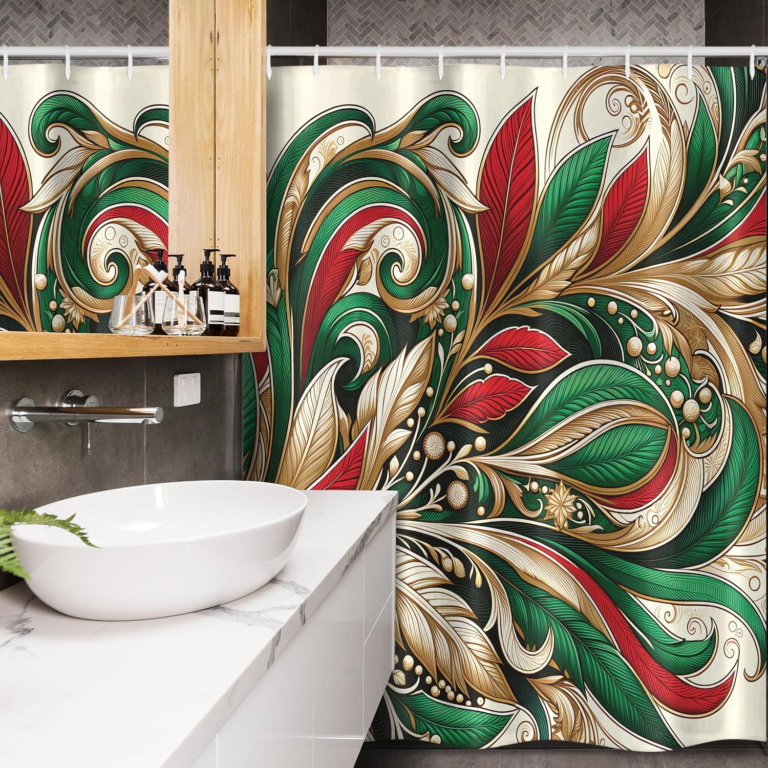 Ambesonne Christmas Stall Shower Curtain, Exotic Ornate Xmas Vibe Bold Color Feathers and Snowflakes Plain Back, Fabric Bathroom Decor Set with Hooks, 54" W x 78" L, Green Ecru Vermilion