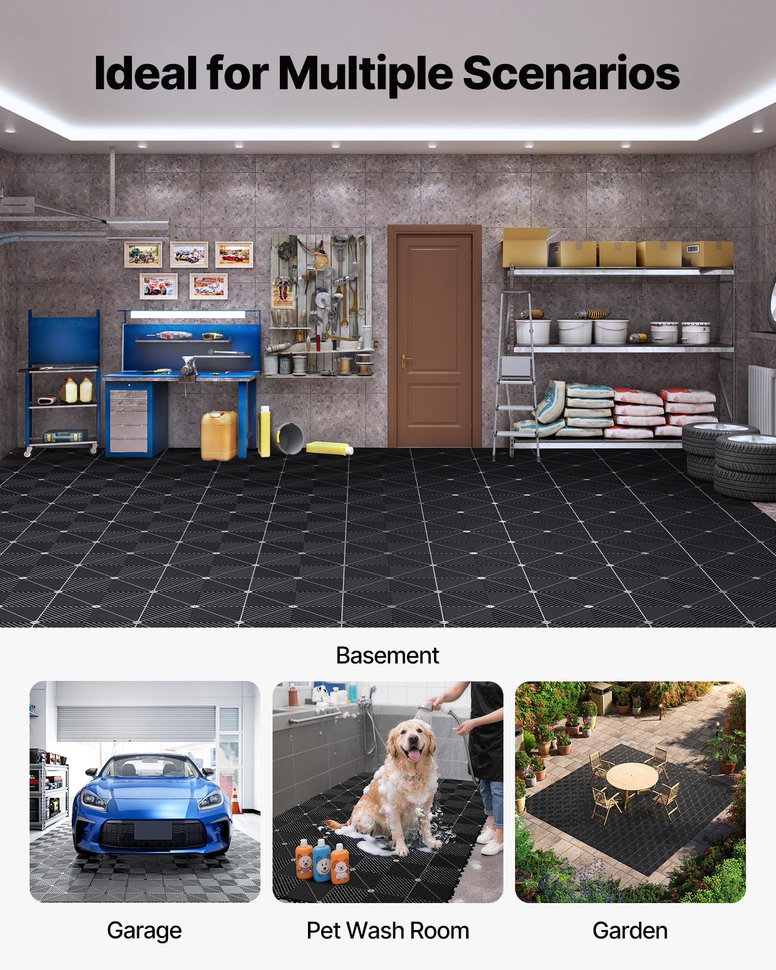 VEVOR Set di Tappetini di Drenaggio ad Incastro 55 pezzi, Set di Piastrelle 31 x 31 cm per Pavimenti da Garage Antiscivolo Drenante Materiale in PP Pavimentazione Modulare per Ambienti Umidi, Grigio