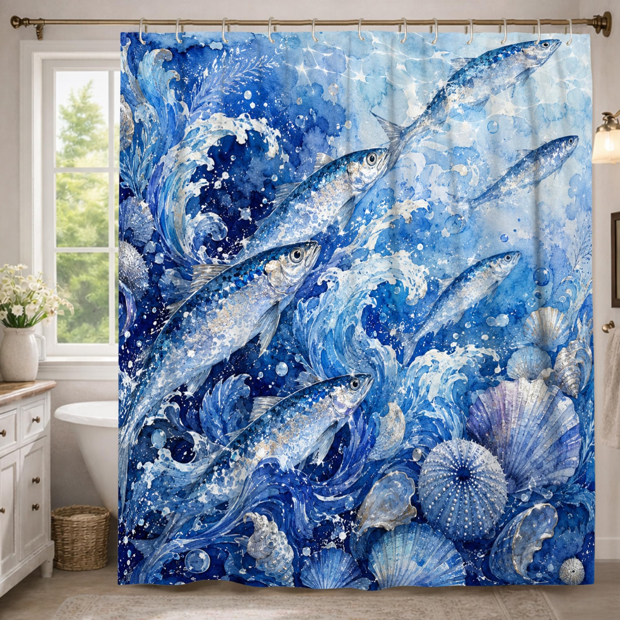 Rideau de douche imperméable et anti-éclaboussures 183x243 cm à motif marin
