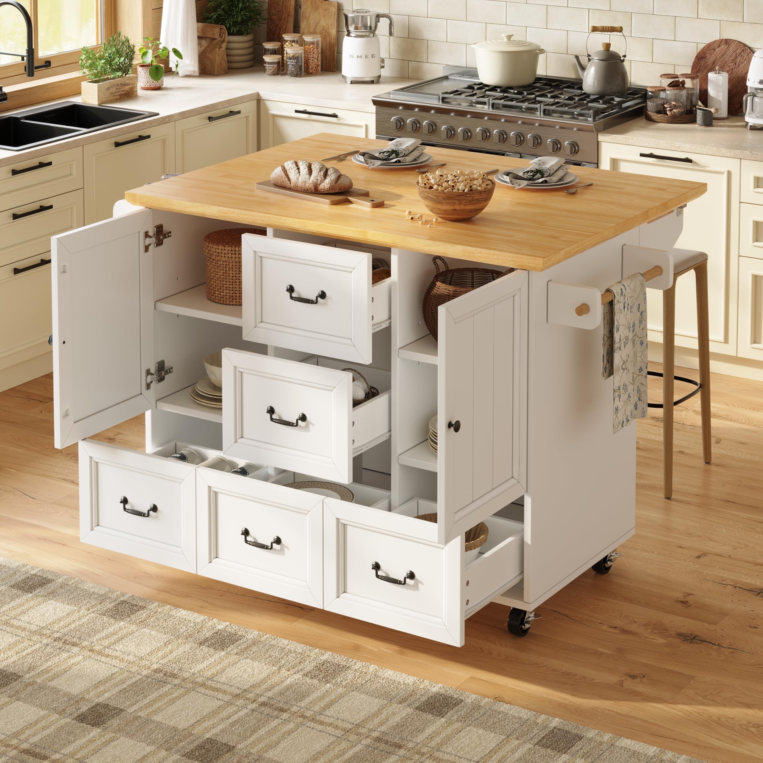 90 x 140 cm Rolling Kitchen Cart Island, Credenza espandibile con portasciugamani, Se Sto, ripiani adiubili, 2 ante e 5 Ders - Ideale per cucinare e pranzare