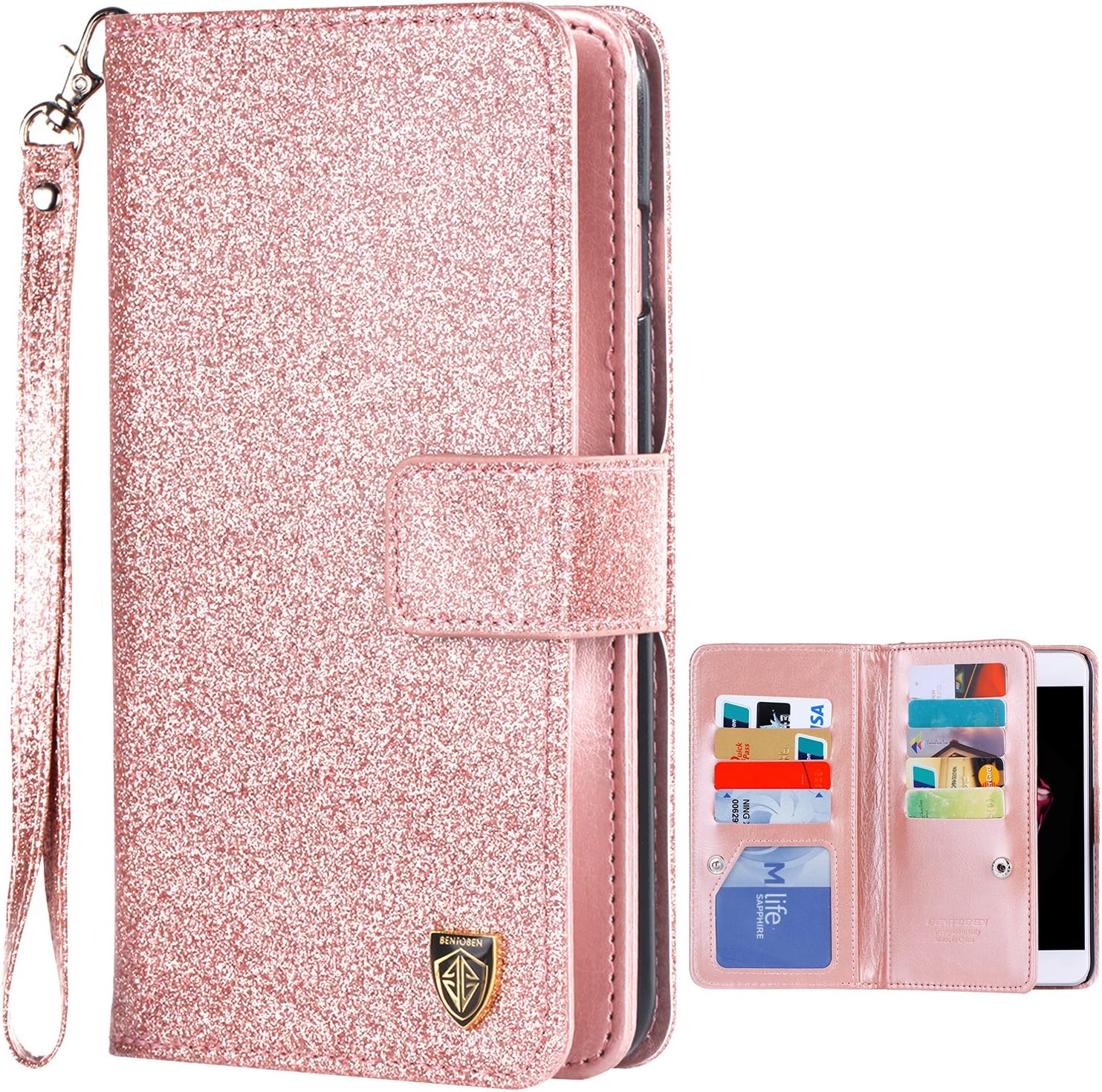 iPhone 8 Plus Case, iPhone 7 Plus Case, BENTOBEN Shiny Bling Flip Folio Card Slots Cash Holder Wrist Strap Magnetic Snap Closure Protective Wallet Phone Case for iPhone 8 Plus/7 Plus Rose Gold/Pink