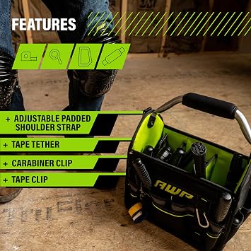 AWP Pro Water Resistant Tool Tote, 12in, 2 Pack, Black and Green | 600 denier polyester, 21 pockets with rotating handle and shoulder strap for organizing hand and power tools on jobsites