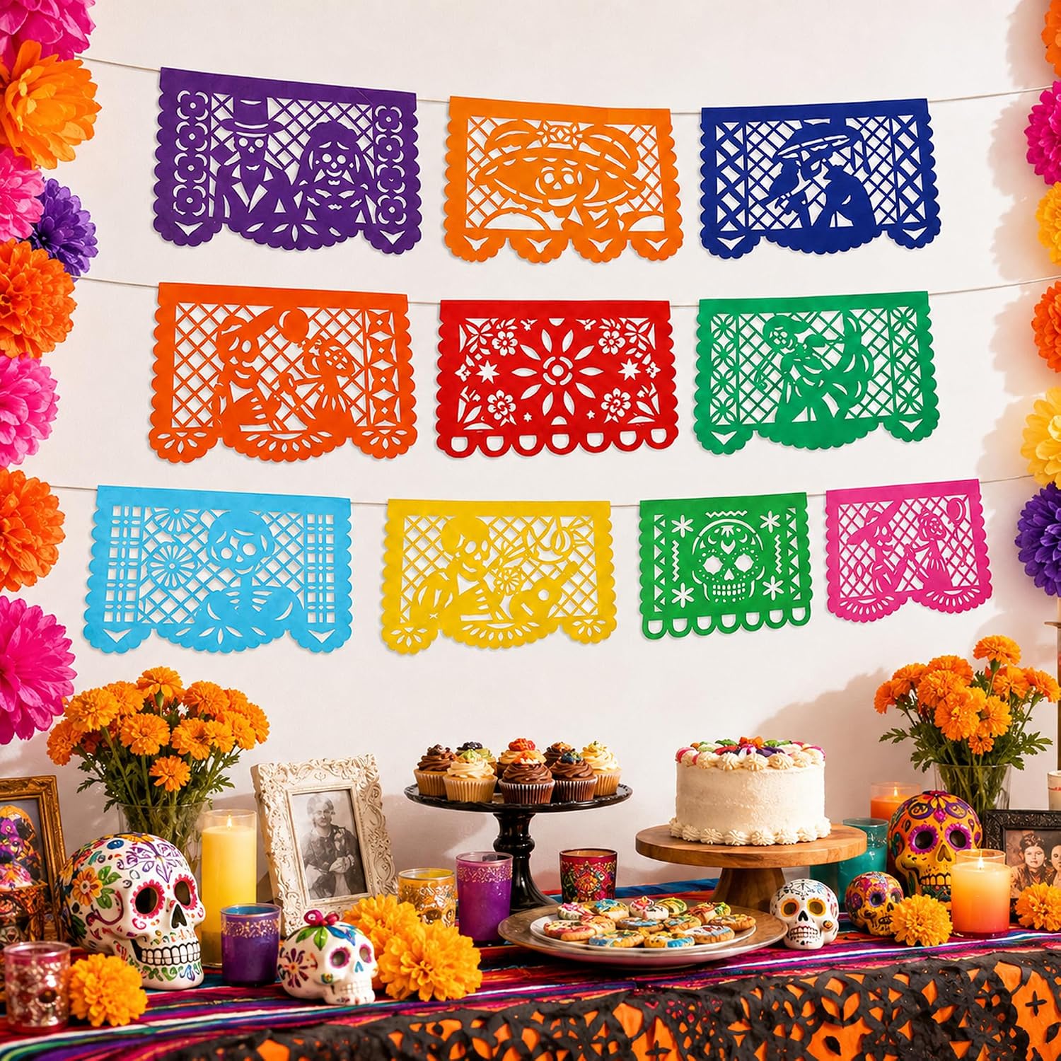 Dia De Los Muertos Decorations - 50 PCS Bulk Mexican Papel Picado