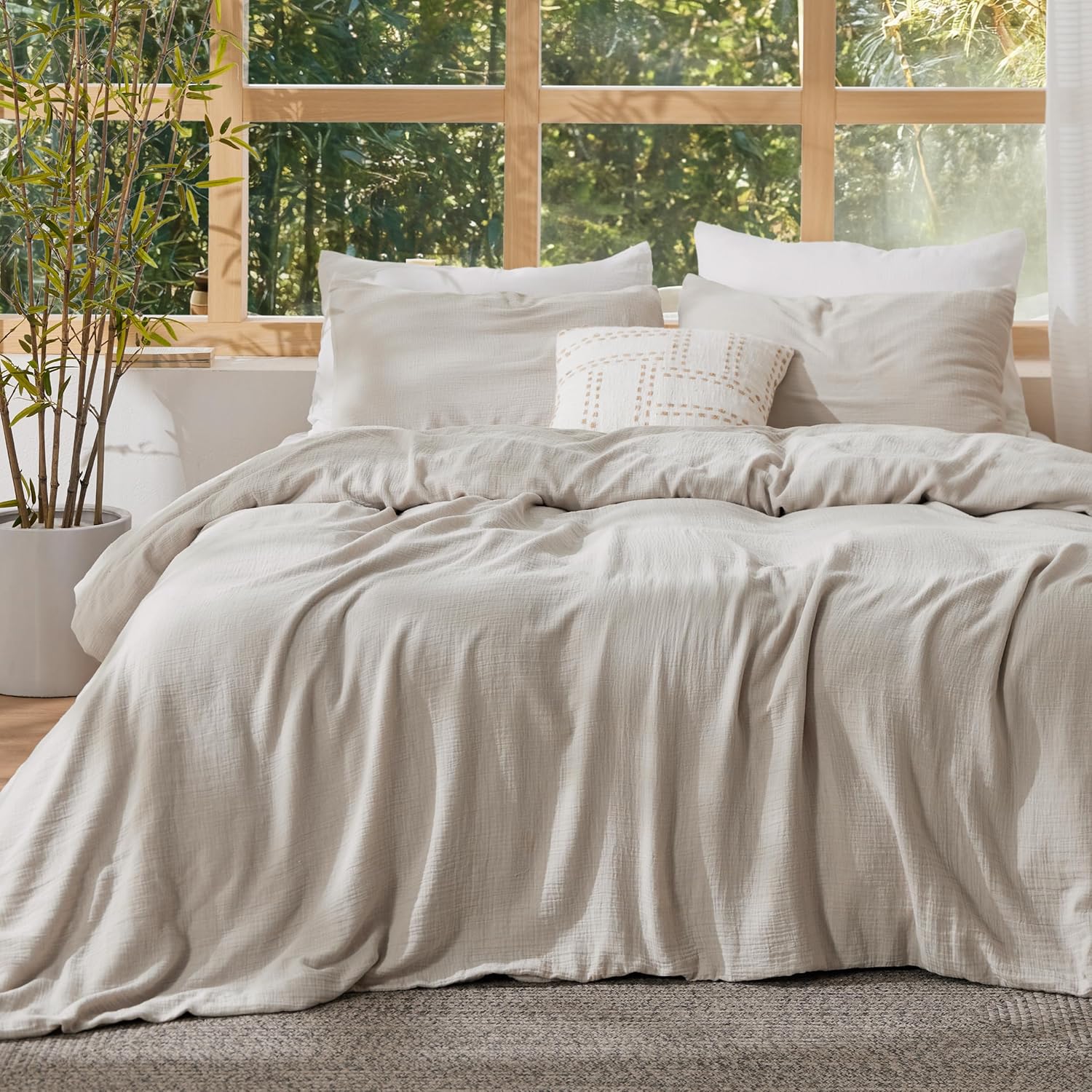 Bedsure Cooling Muslin Cotton Duvet Cover Queen Size - Cotton Blend Rayon Derived from Bamboo Duvet Covet Set for Hot Sleepers - Ultra-Soft & Breathable & Lightweight Bedding Set (Linen, 90"x90")