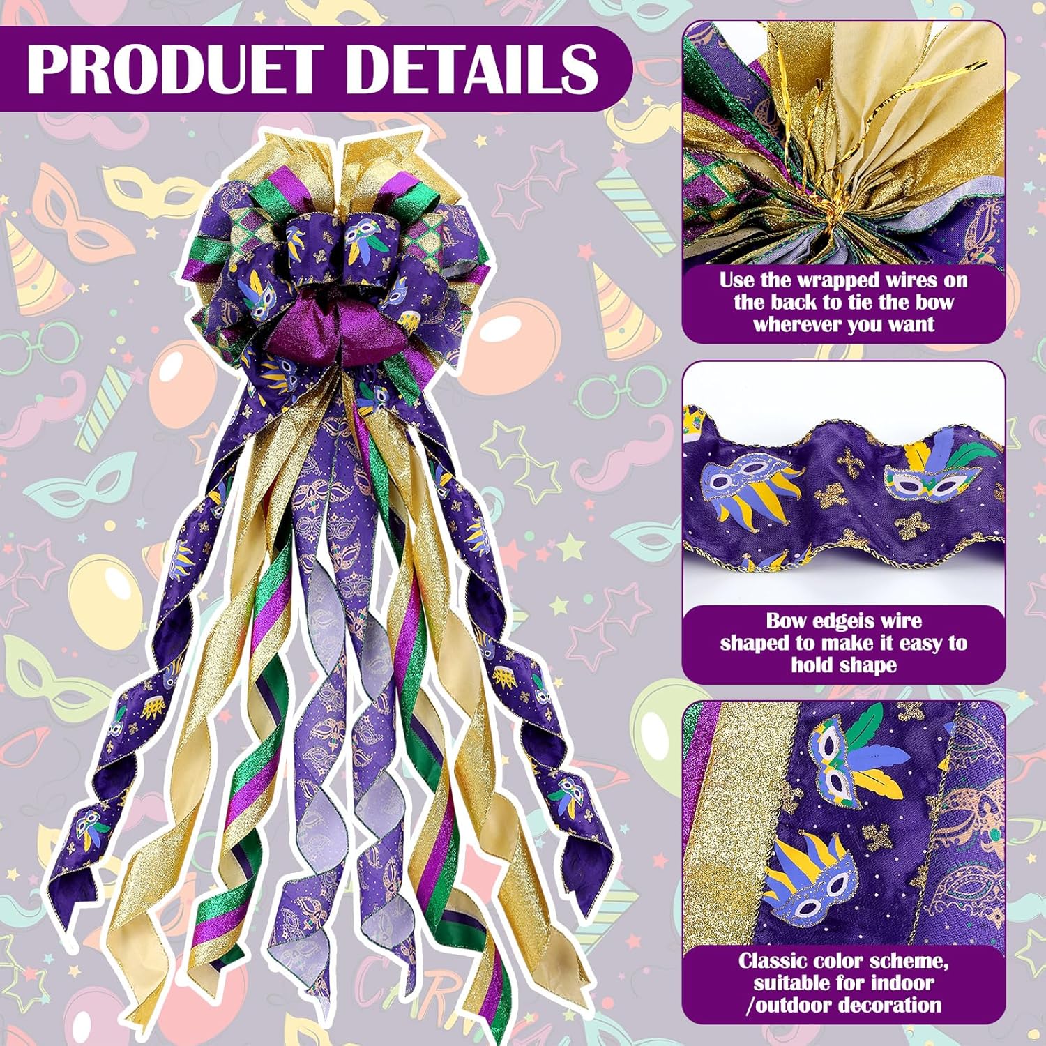Liliful Large Mardi Gras Tree Topper Bow 12 x 45 Inch Gold Purple Green Mardi Gras Tree Topper Glitter Ribbon Bow for Wreath Home New Orleans Carnival Indoor Outdoor Decoration