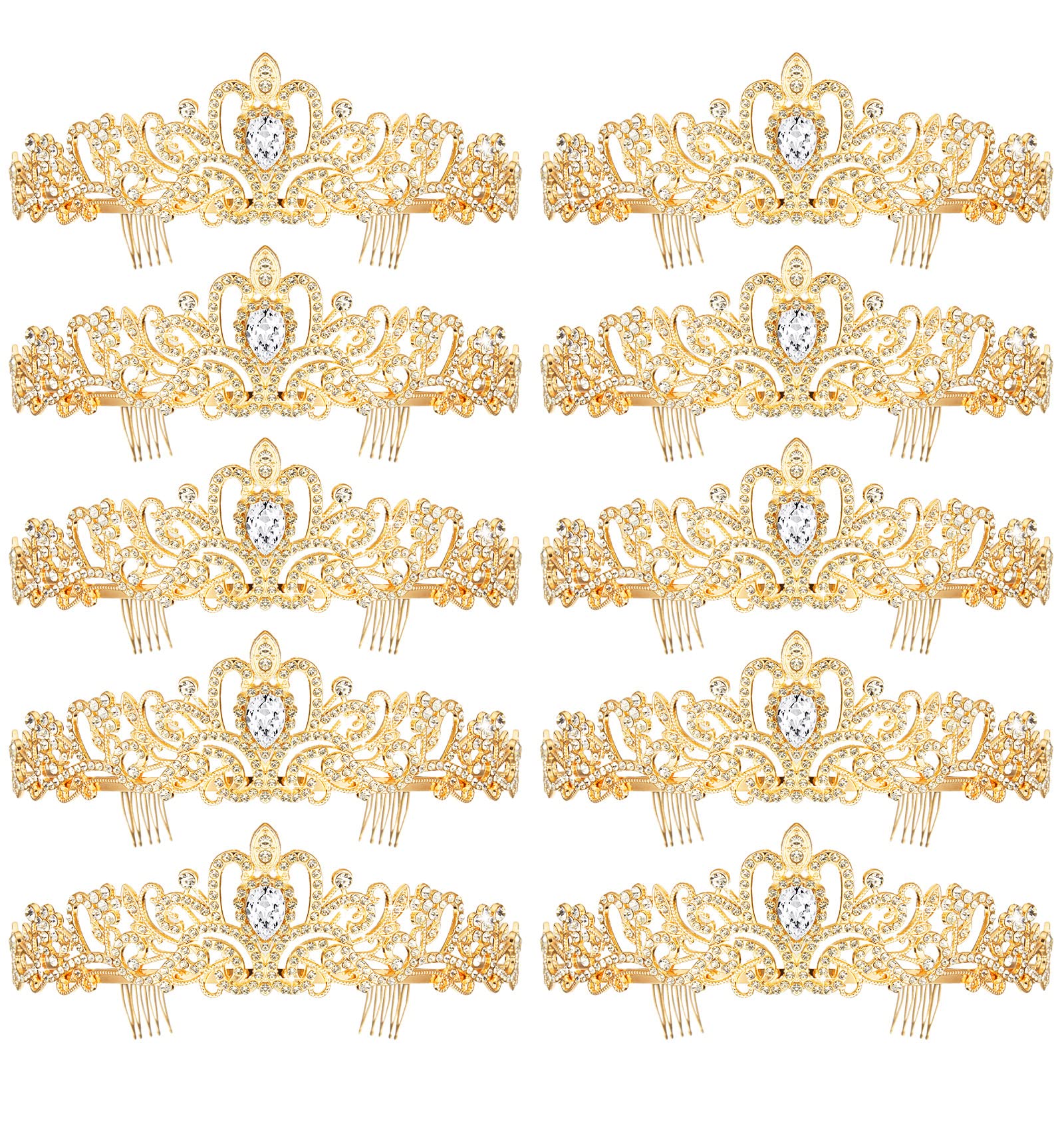 BBTO 10 Pcs Crystal Tiara and Crowns for Women Girls Princess Rhinestone Crown Queen Headband with Combs Bride Tiara for Birthday Party Wedding Prom Hair Accessories(Gold)