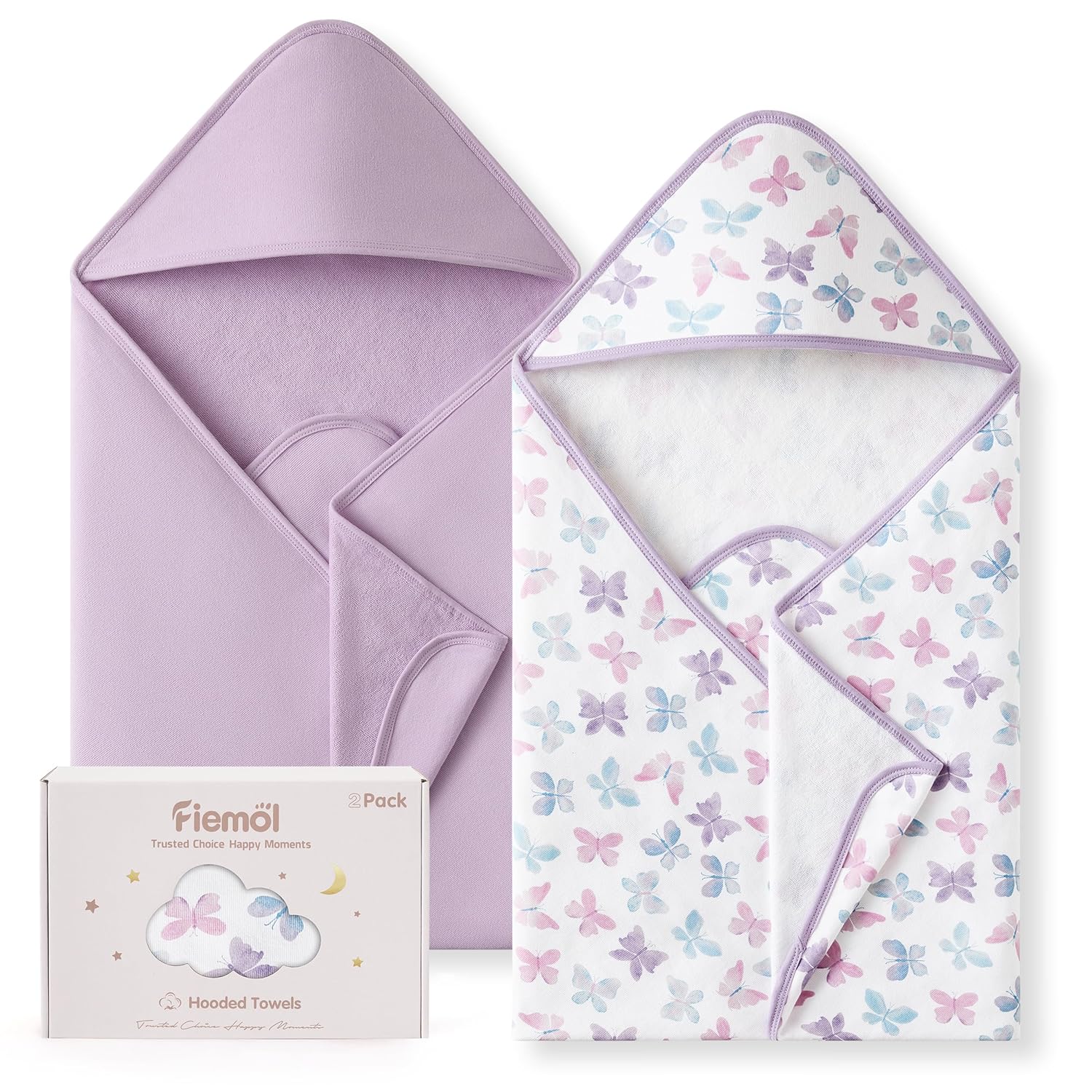 Hooded Baby Towels for Newborn,100% Cotton Baby Bath Towels with Hood for Infant Toddler Boy Girl, 2 Pack 32x32 Inch Soft & Absorbent Knit Terry Bath Essentials Purple Butterfly