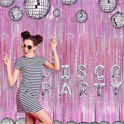 Miniatura 6 de Paquete de 2 decoraciones de fondo de oropel rosa para fiestas, 3.3 pies x 8.2 pies, serpentinas de puerta rosa para cumpleaños, unicornio,