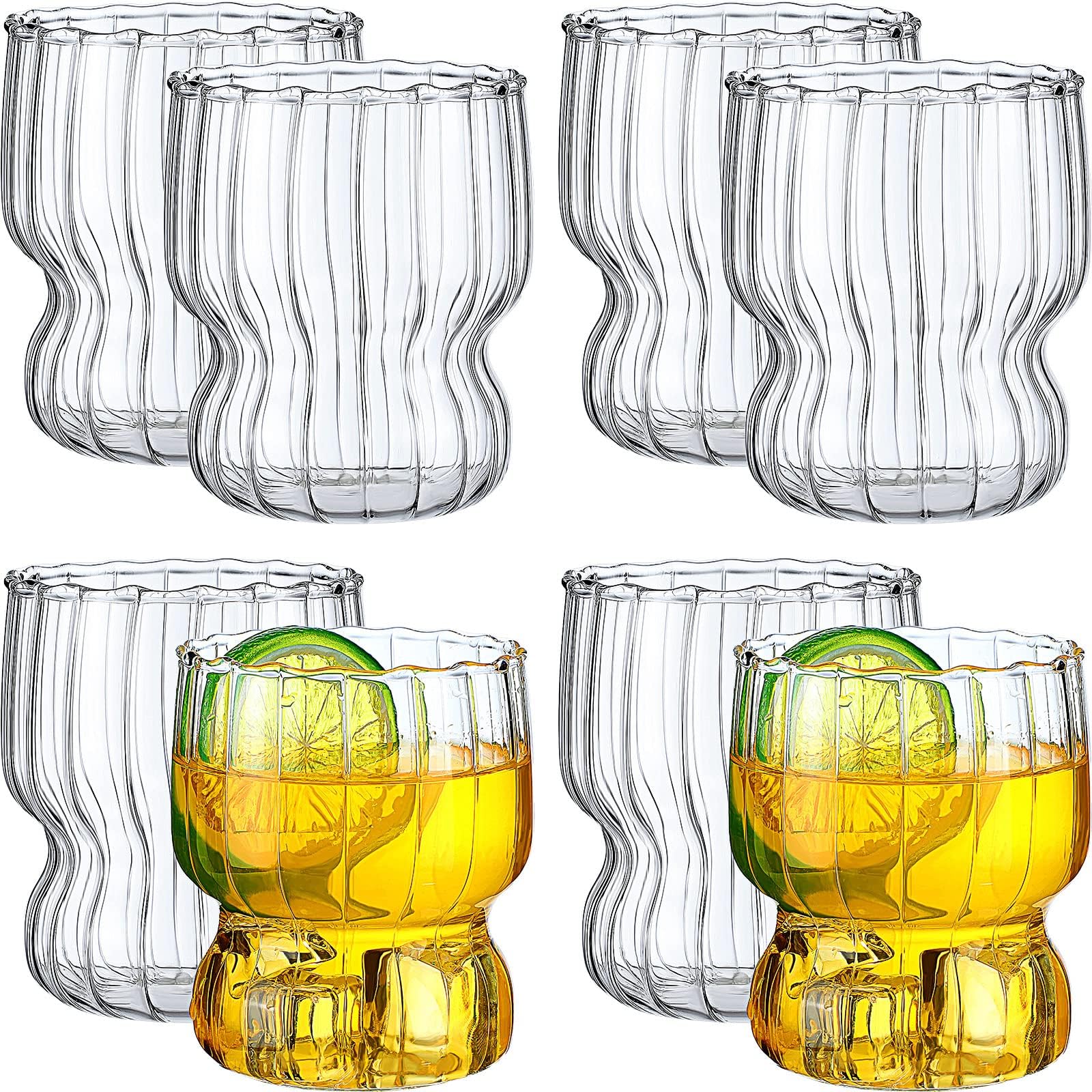 Skylety 8 Pcs Ribbed Glassware 8.8 oz Ribbed Drinking Glasses Set Vintage Glassware Aesthetic Glass Cup Origami Style Ribbed Cups for Weddings Cocktail Milk Coffee Tea Dessert Beer Iced Smoothie Soda