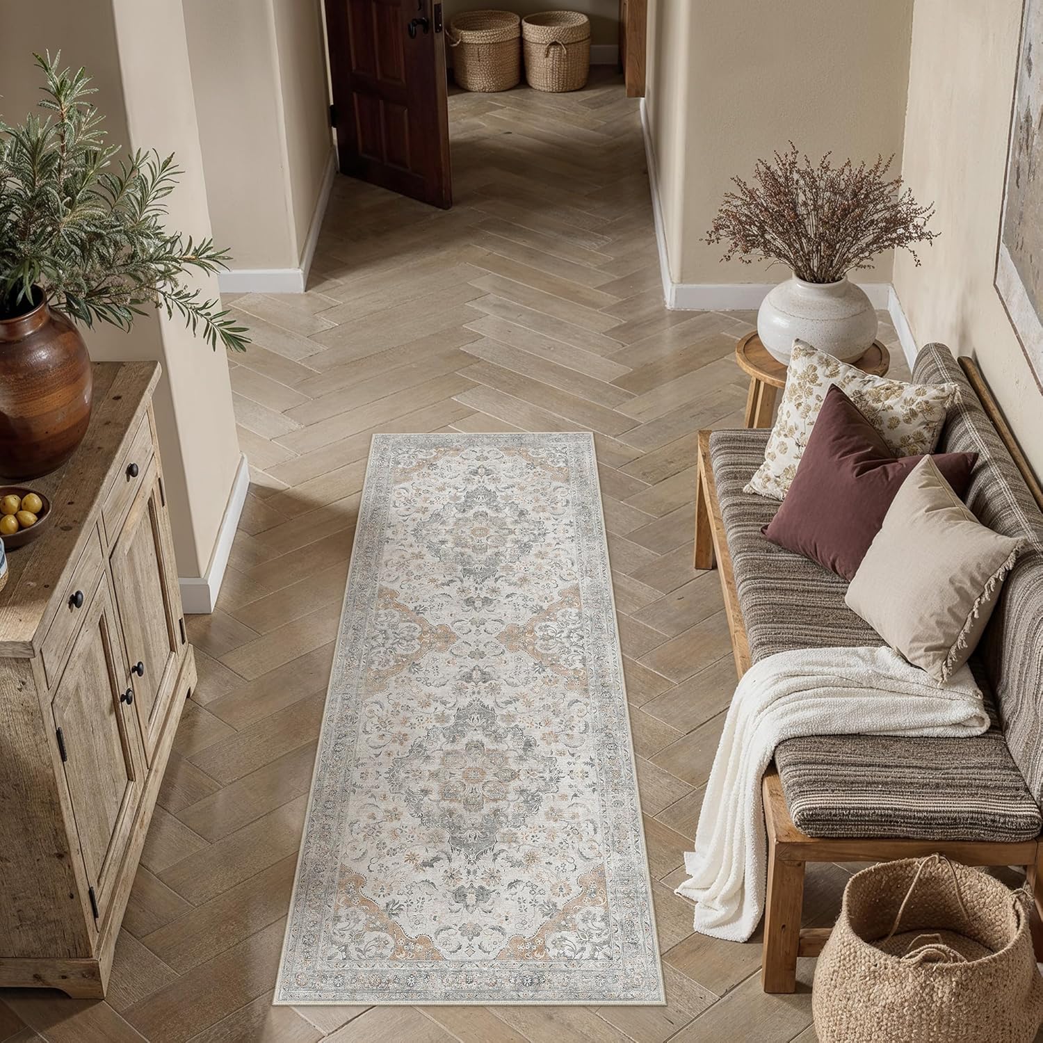 PureCozy Blue 2x3 Rug for Entryway Washable Vintage Small Area Rug Non-Slip Stain Resistant Door Mat Low Pile Retro Accent Indoor Throw Carpet for Entrance Kitchen Bedroom Laundry