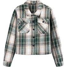 Shawnda Women's Flannel Shacket Cropped Jacket Fashion Plaid Button Down Shirt Jacket Tops