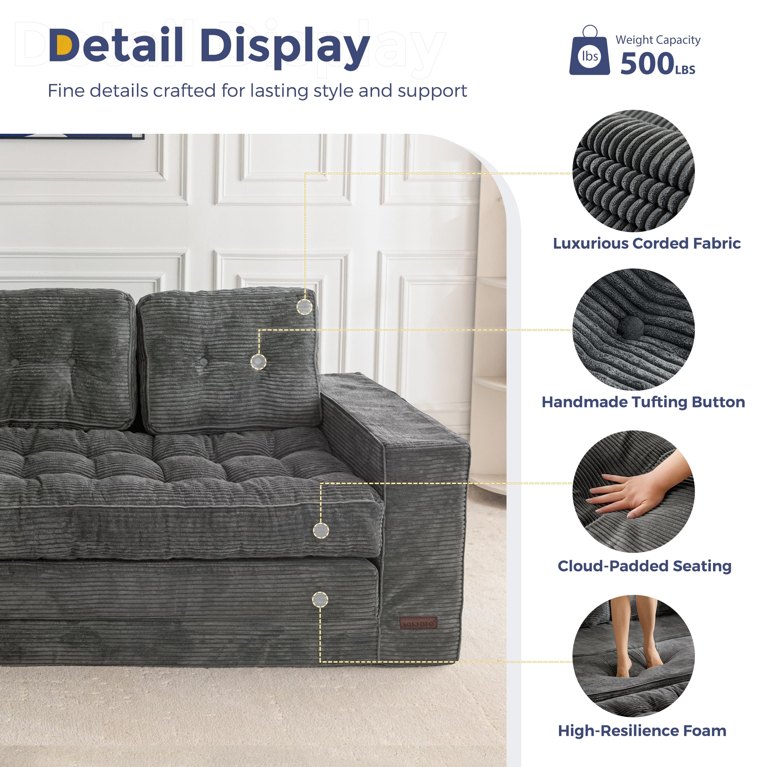 MAXYOYO Bodensofa Schlafsofa 190cm Breit mit Kissen, 2-in-1 Klappbar Cord Sofa 3 Sitzer mit Schlaffunktion, Liegefläche 101x196CM für Wohnzimmer, Schlafzimmer, Lounge | Ausziehbares Schlafsofa mit 2 Kissen, bequemes 2-in-1-Schlafsofa 3-Sitzer, 190x85 cm,