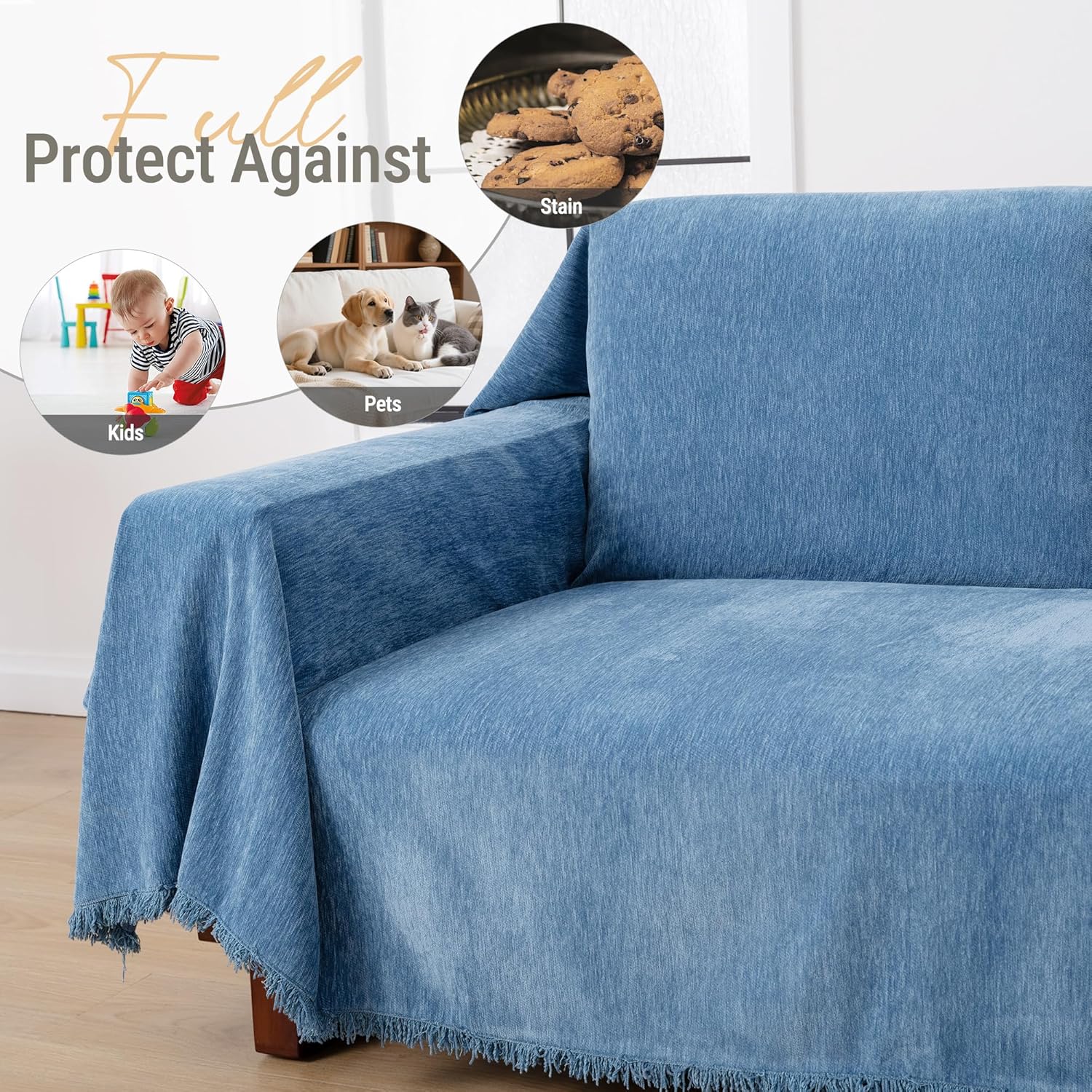 Chenille Couch Cover Washable Blue Couch Throw Covers for 3 Cushion Couch Comfortable Thick Soft Blanket Sofa Covers L Shape Heavy Duty Furniture Protector for Kids Pets Dark Blue 91"x 150"