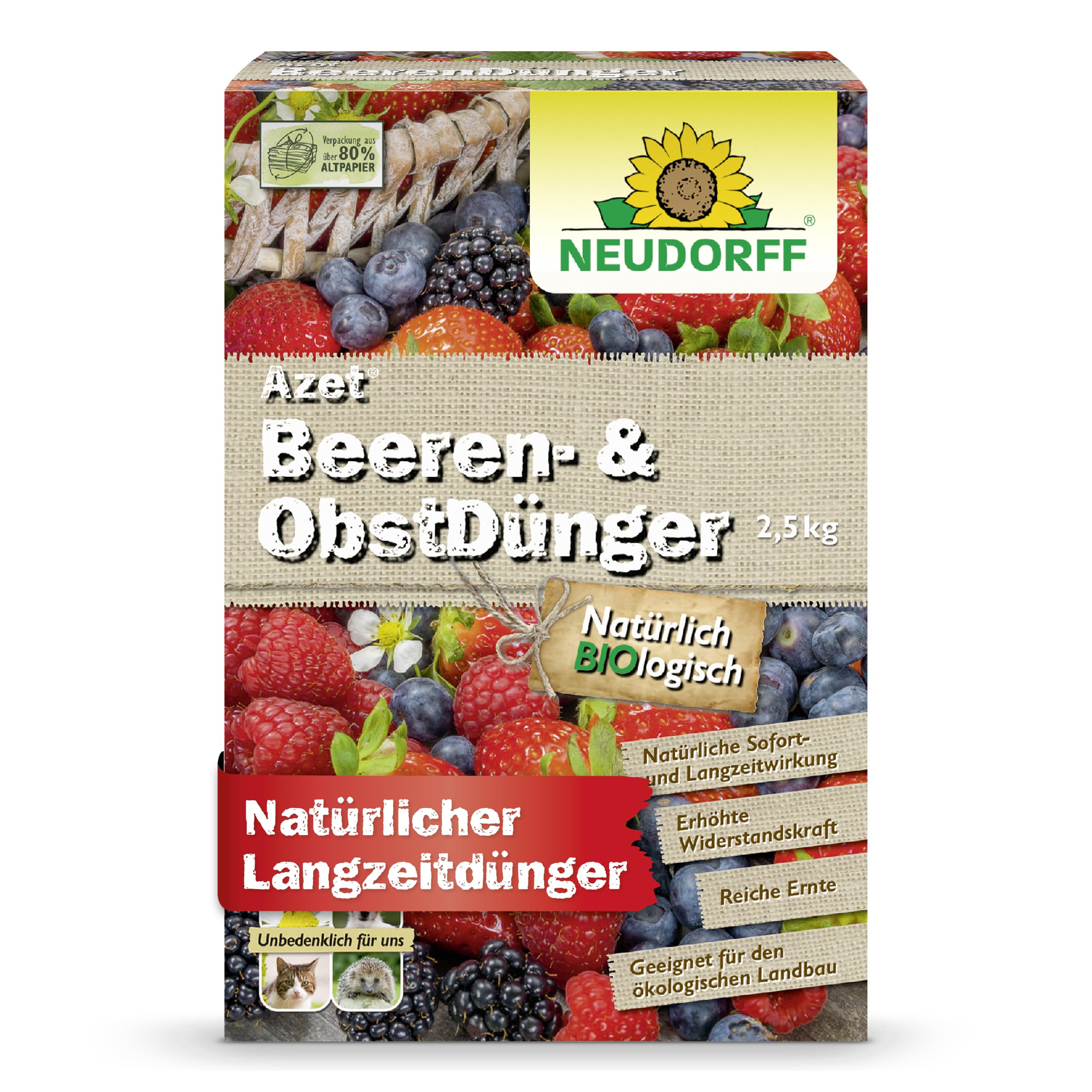 Neudorff Azet Beeren- & ObstDünger – Bio-Dünger für mehr Geschmack und reiche Ernte bei Beeren und Obst mit natürlicher Sofort- & Langzeitwirkung, 2,5 kg