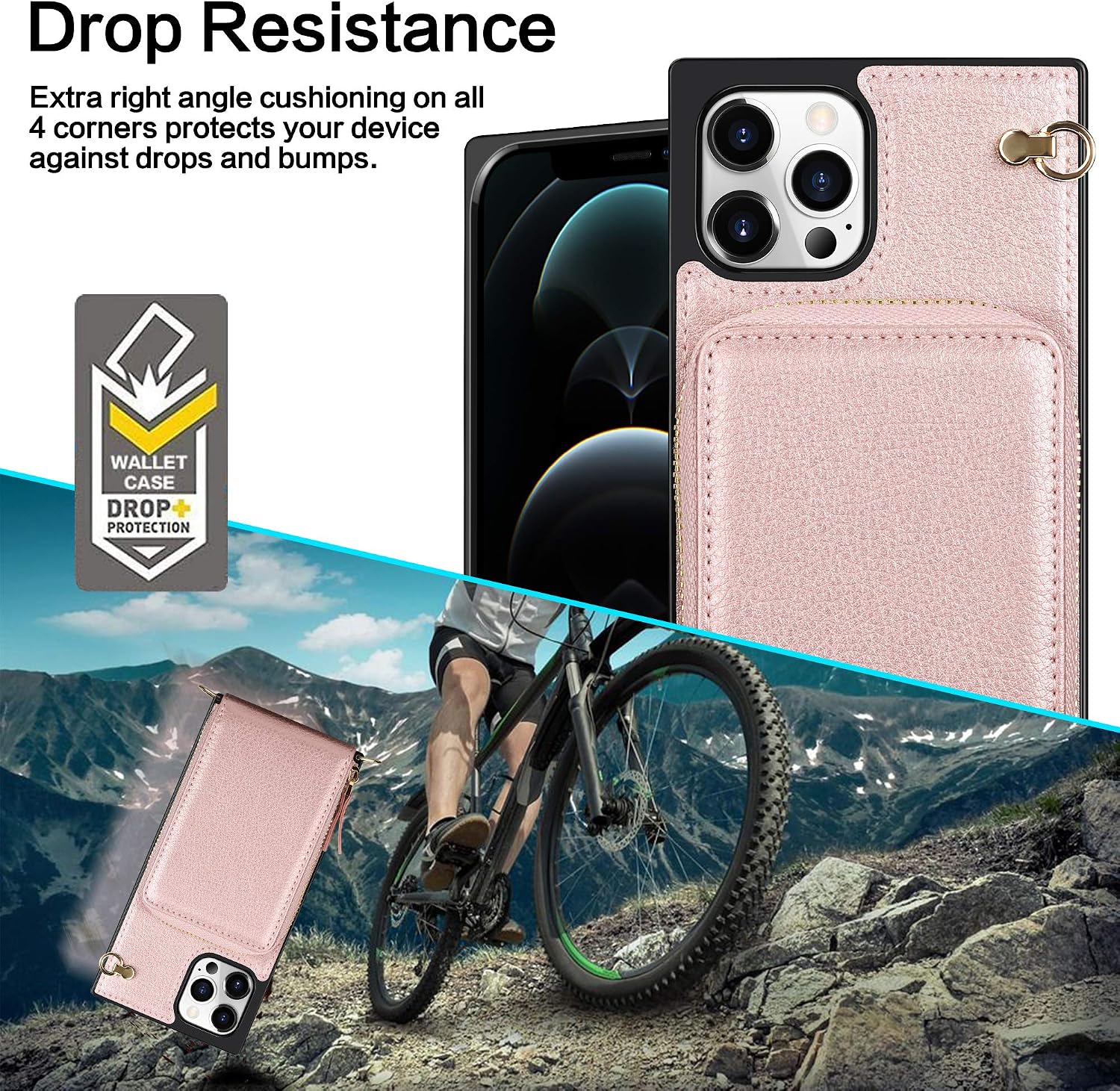 JAKPAK Compatible with iPhone 12 Pro Max Case Wallet Zipper Leather Case with Card Holder Slots Protective Square Cover with Lanyard Shockproof Case Compatible with iPhone 12 Pro Max 6.7inch Rose Gold