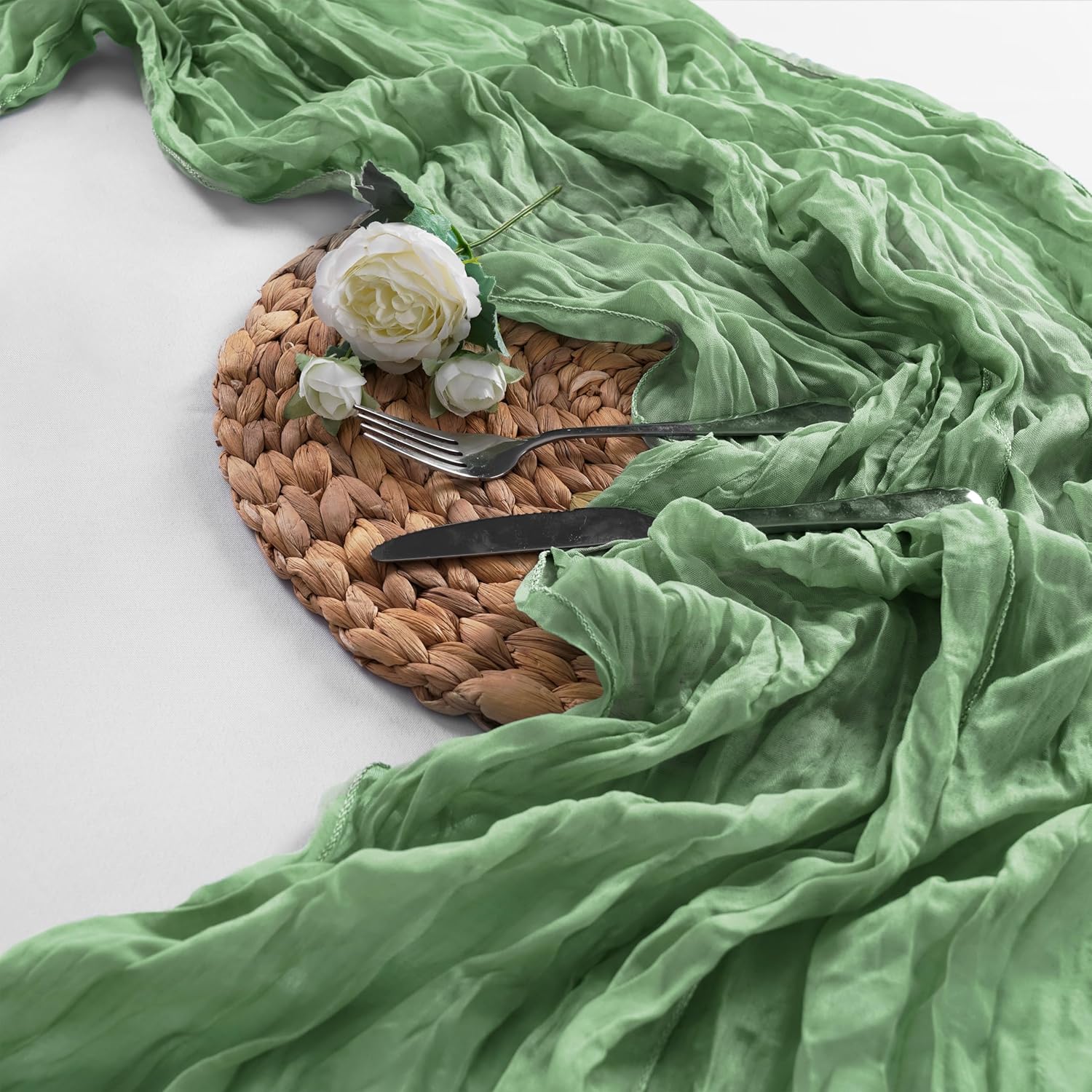 Peomeise Sage Green Cheesecloth Table Runner 20 Pack，17x108 Inches Boho Gauze Fabric Table Runner for Baby Shower Decoration Wedding Party