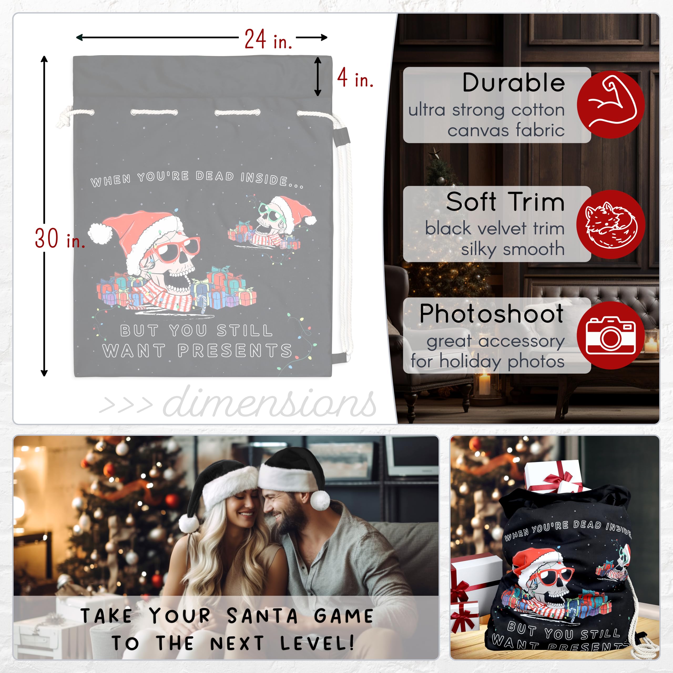 Saco de Papá Noel negro, divertidas cabezas de esqueleto de calavera, lona de algodón, ribete de terciopelo negro, bolsa de Navidad gótica, paquete de hombro de Navidad de lujo, tamaño grande, 30 x 24