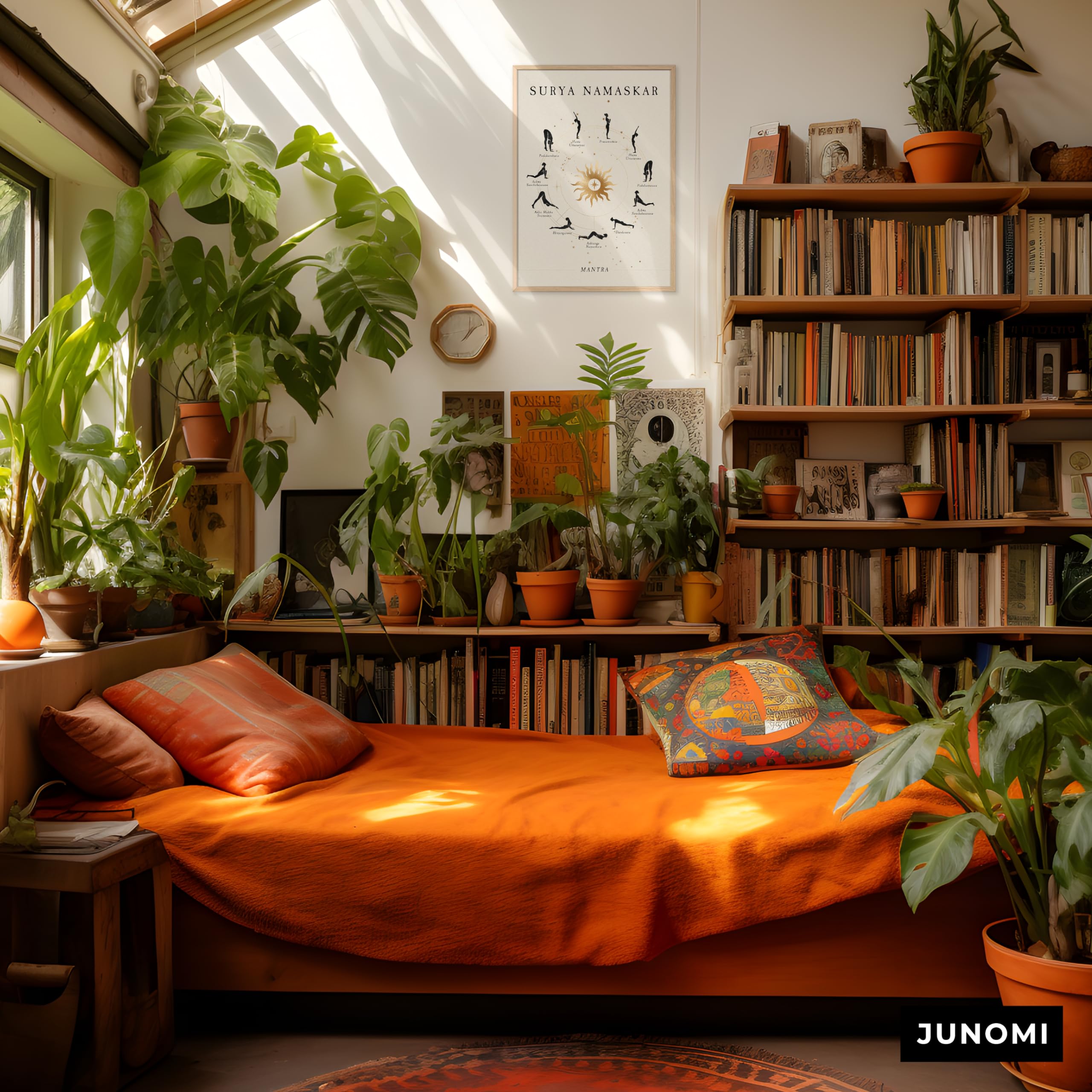 JUNOMI® Sonnengruß Poster DIN A2 Rahmen Natur | Yoga Sonnengruß | Boho Wanddeko fürs Yogastudio und Schlafzimmer, der vollständige Ablauf im Kreis um eine goldene Sonne