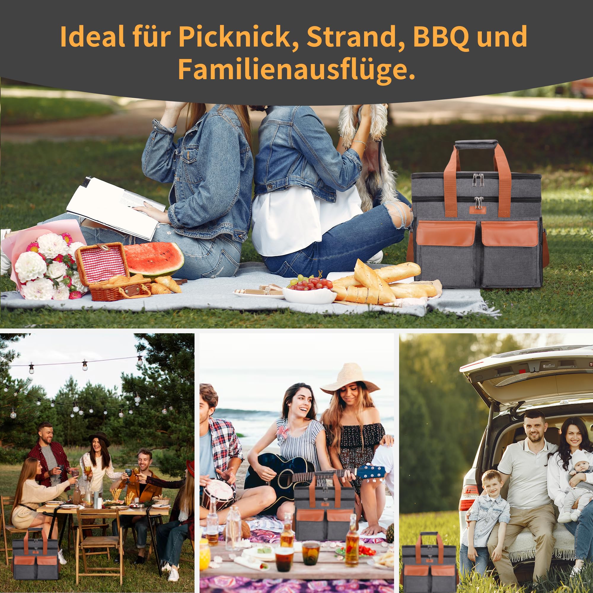 LARUTAN Kühltasche Kühltasche groß 30L Thermotasche Isoliertasche – doppelschichtig, faltbar & wasserfest, Lebensmitteltransport für Picknick, Camping & Einkauf, Grau