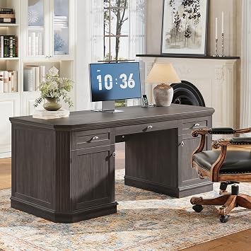 59" Classic Executive Desk with Storage, Victorian Executive Desk with Charging Station, Keyboard Tray, 3 Drawers & 2 Cabinet Storage & 2 Pedestals, Easy Assembly, Black