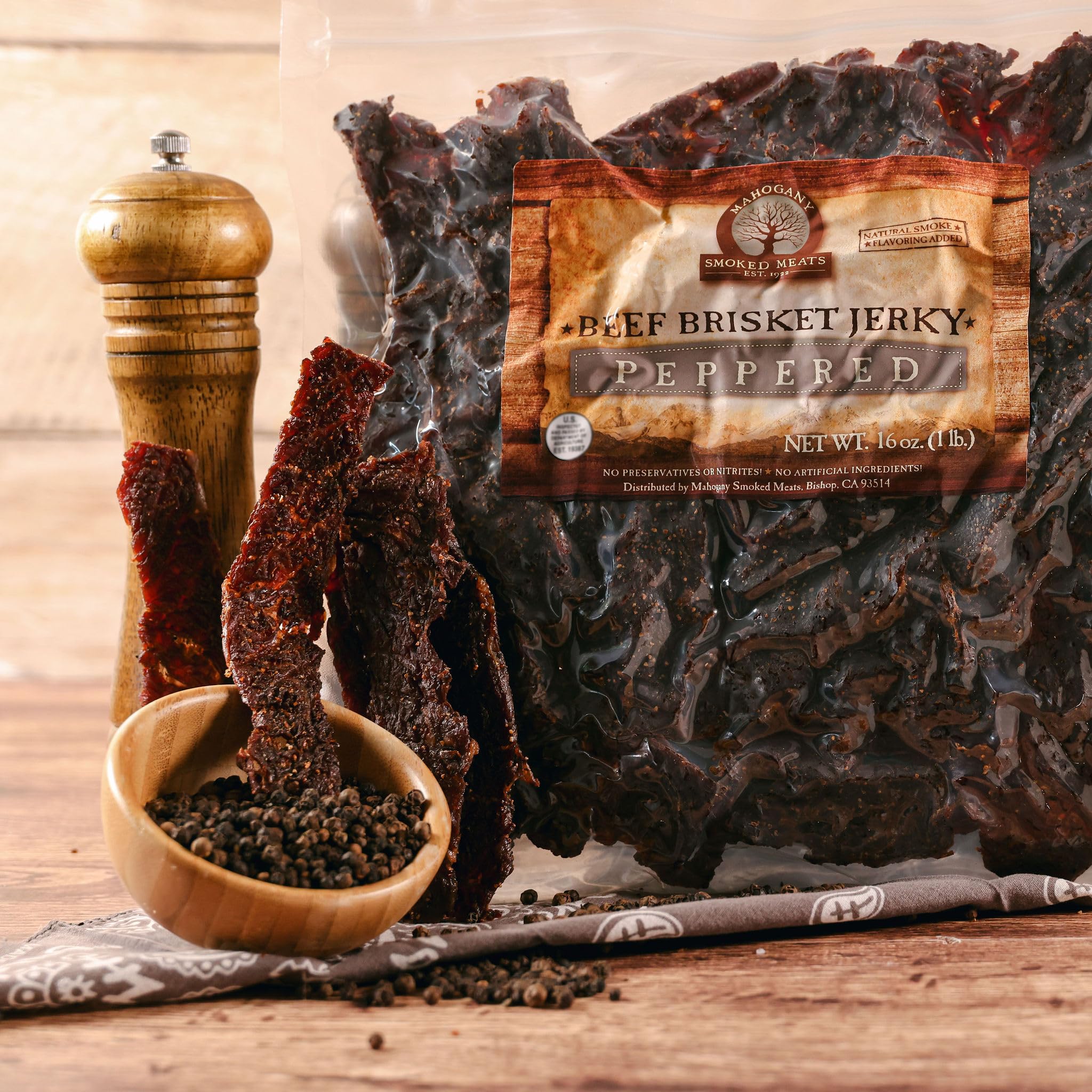 Mahogany Smoked Meats: Peppered Brisket Jerky - 16oz