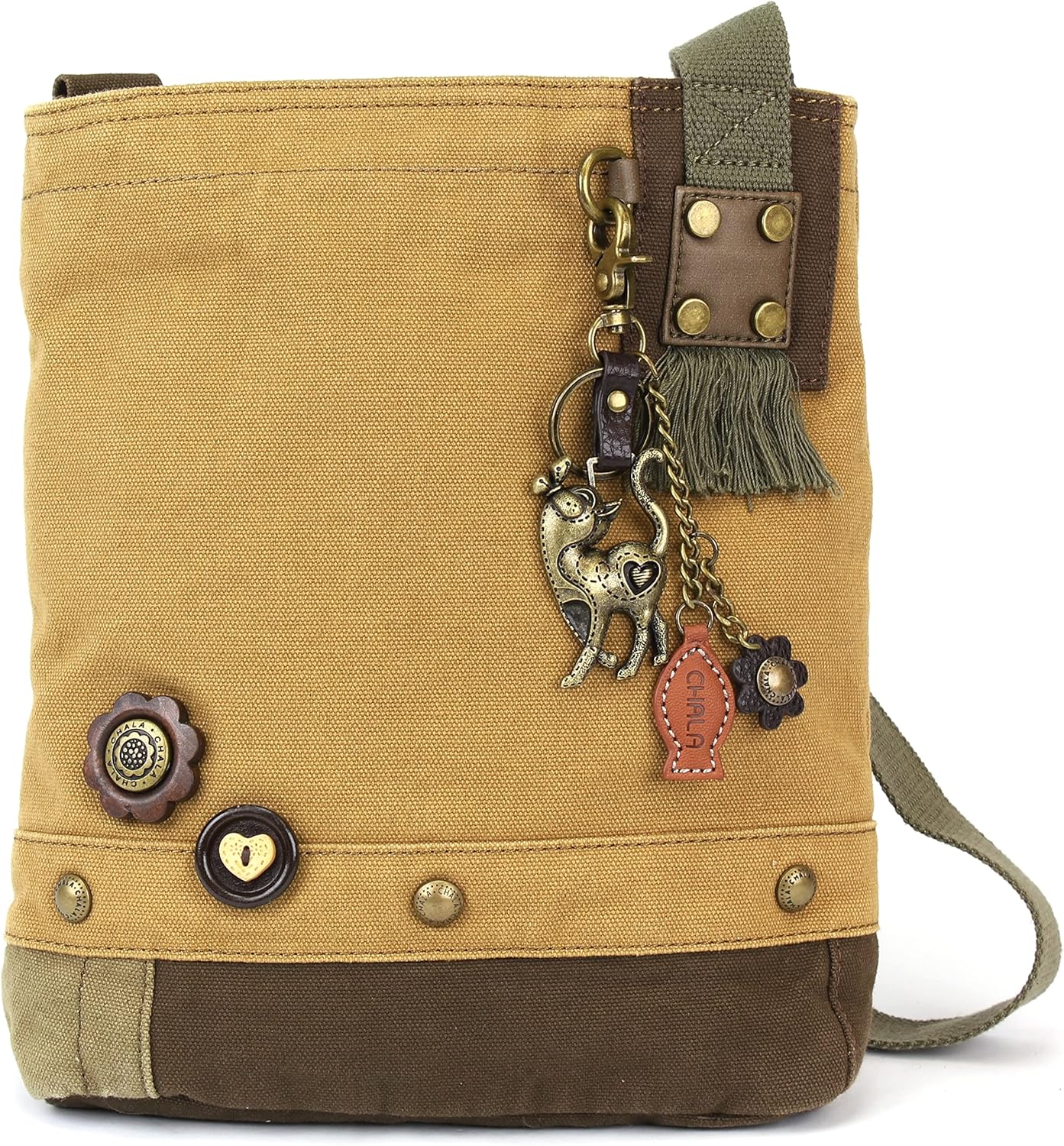 CHALA Patch Cross-Body Women Handbag, Canvas Messenger Bag, Metal Charming Slim Cat - Brown