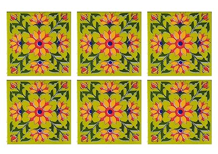Shiv Kripa Blue Pottery Home Decor Patterned Ceramic 4 x 4 inch Tiles (Pack of 6 Tiles)